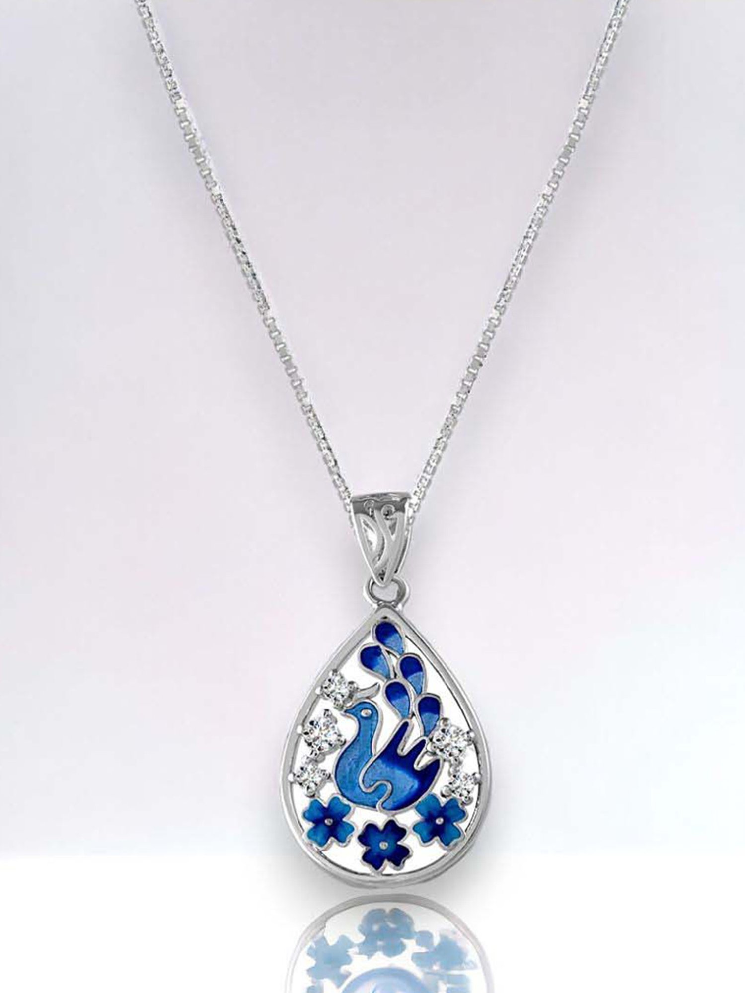 Rihi by P.C. Chandra Jewellers 925 Silver Blue Teardrop Peacock Pendant with Chain for Women & Girls