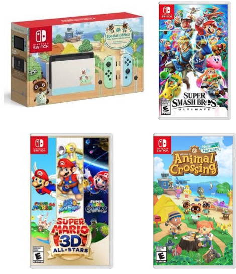 New Nintendo Switch Animal Crossing: New Horizons Edition Bundle with Animal Crossing: New Horizons Game, Super Mario 3D All-Stars, Super Smash Bros. Ultimate