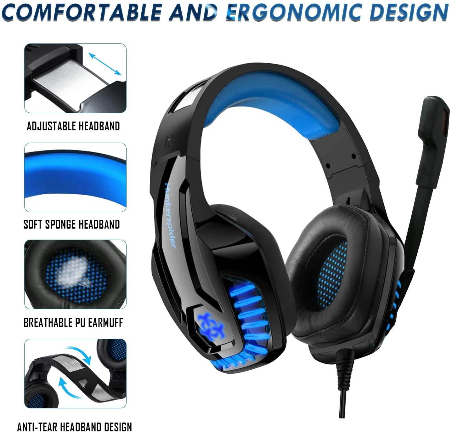 Galopar Gaming Headset Stereo Over-Ear Headset with Surround Bass Sound, Noise Canceling Mic & LED Light PS4 Headset, Over-Ear Headphone for PS4/Xbox One/Nintendo Switch/PC/Laptop/Mobile-Blue