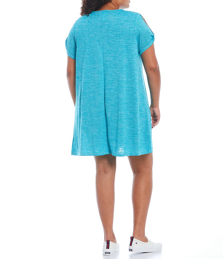 Ruby Rd. Plus Size Silky Knit Terry Space Dyed Stripe Scoop Neck Cold Shoulder Short Sleeve Dress