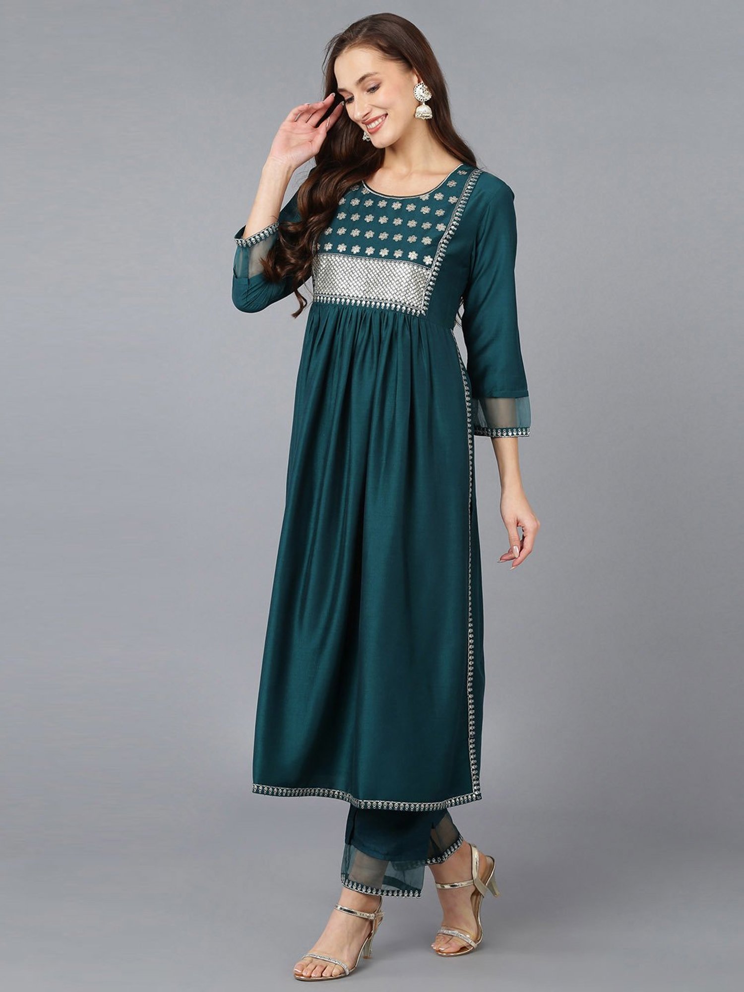 Vaamsi Teal Green Embroidered Kurta Pant Set With Dupatta