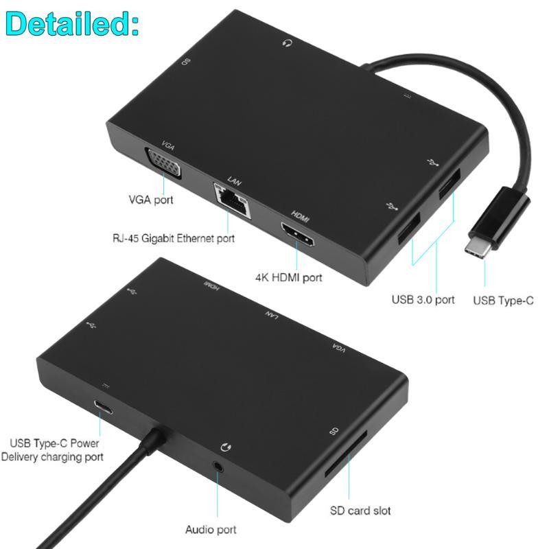 Type-C 8 in 1 USB-C to 4K HDMI VGA LAN SD Slot Female Adapter Audio 3.5mm Type-C USB 3.0x2 Converter Adapter for PC Laptop