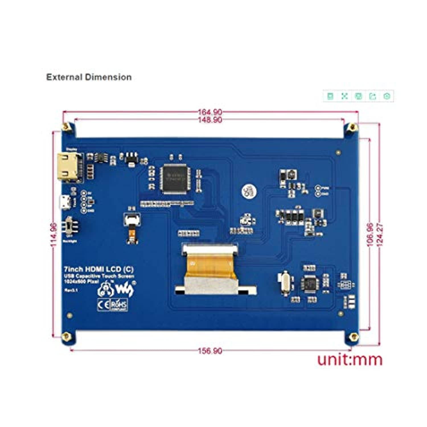 7 inch C LCD Touch Screen 1024600 Win10 HDMI Interface Capacitive Monitor Display for Raspberry pi4/3B+/3B/2 B/B+/A (7+incheslcdC)