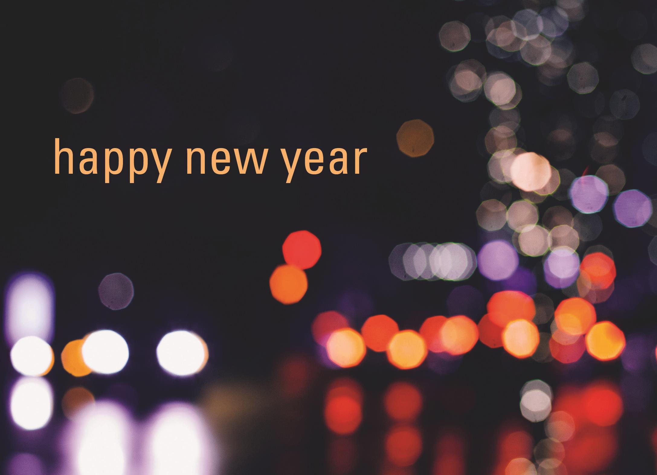 New Year Greeting Cards - N1504. Greeting Cards with Happy New Year on a Night City Scene. Box Set has 25 Greeting Cards and 26 White with Gold Foil Lined Envelopes.