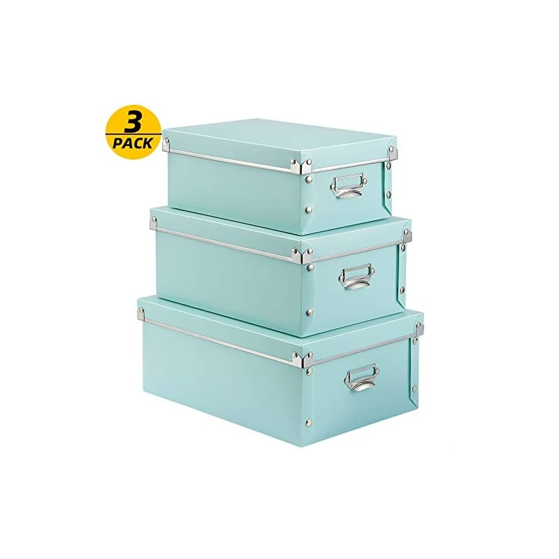 Storage Box, Decorative Storage Bins with Lid,3 in 1 Set,Plastic,with Handles,Press-Stud Fastening,Moisture-proof,Foldable for Space Saving Storage,for Clothes,Cosmetic,Blankets (Green)