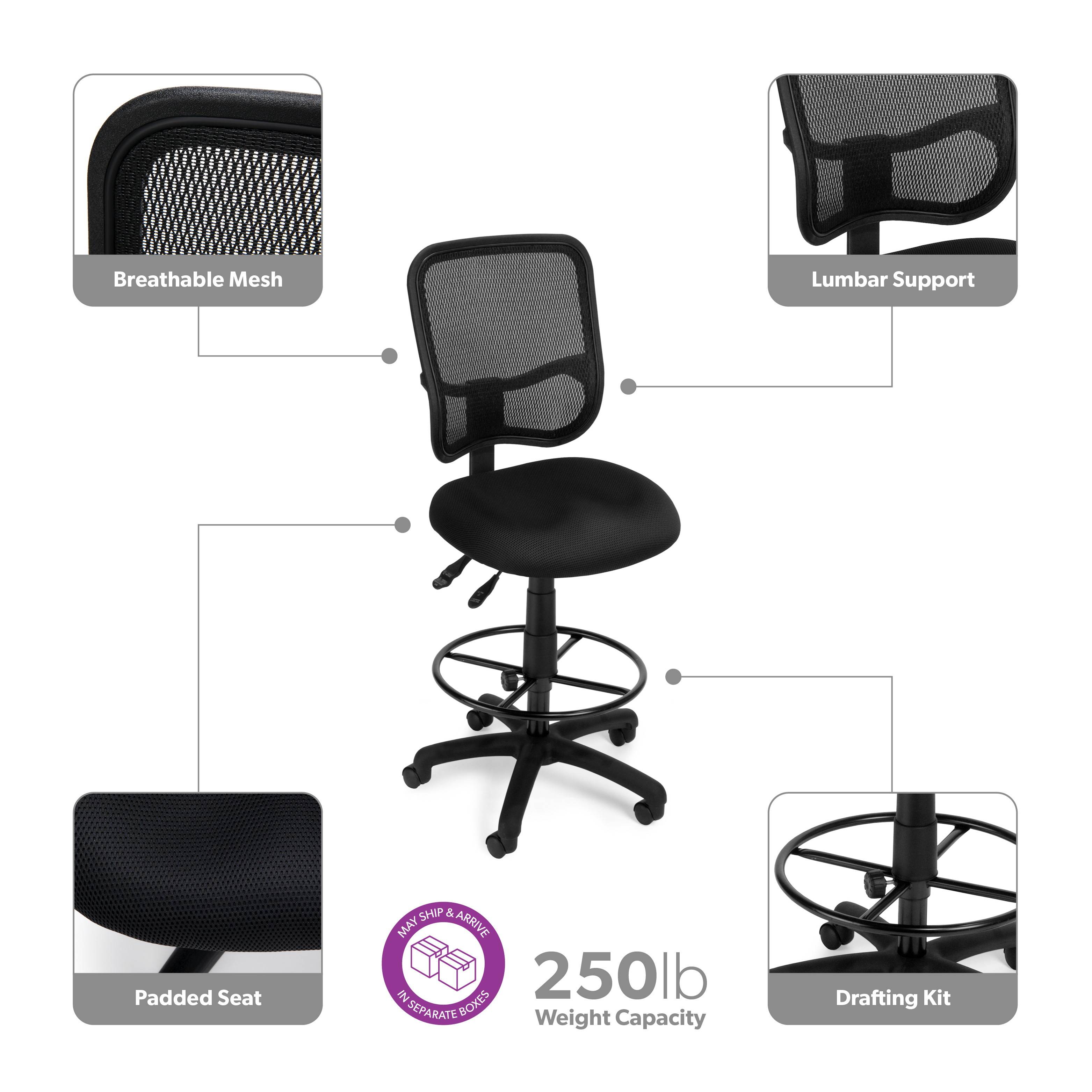 OFM Comfort Series Ergonomic Armless Mesh Swivel Task Chair with Drafting Kit, Mid Back, in Black (130-DK-A05)