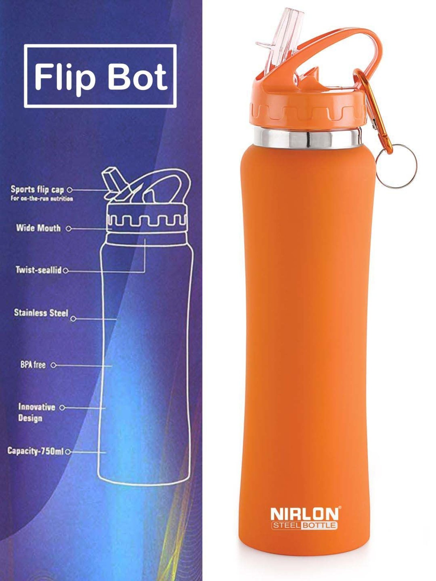 Nirlon Flip Bot Green & Orange Stainless Steel Water Bottle (0.75 L) - Set of 2