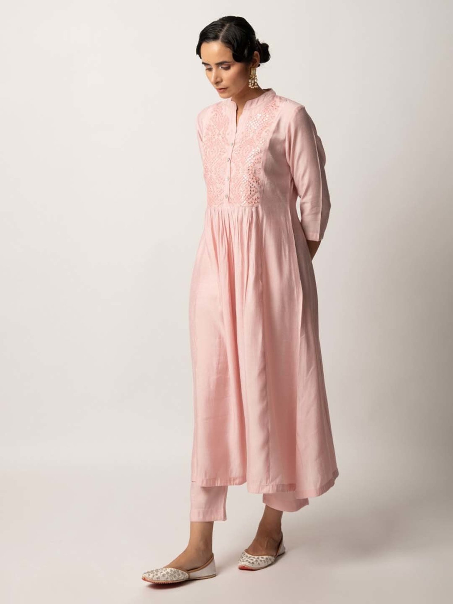 Ekohum Light Pink Gathered A-Line Kurta