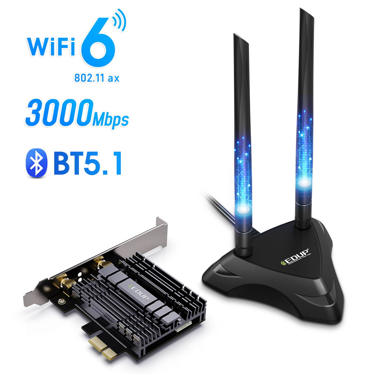 EDUP PCIe WiFi 6 Card for Desktop PC, 3000Mbps 802.11AX Dual Band Wireless Bluetooth 5.1 Adapter with Magnetic Antenna Base, MU-MIMO, OFDMA, Advanced Heat Sink Support Windows 10 64bit