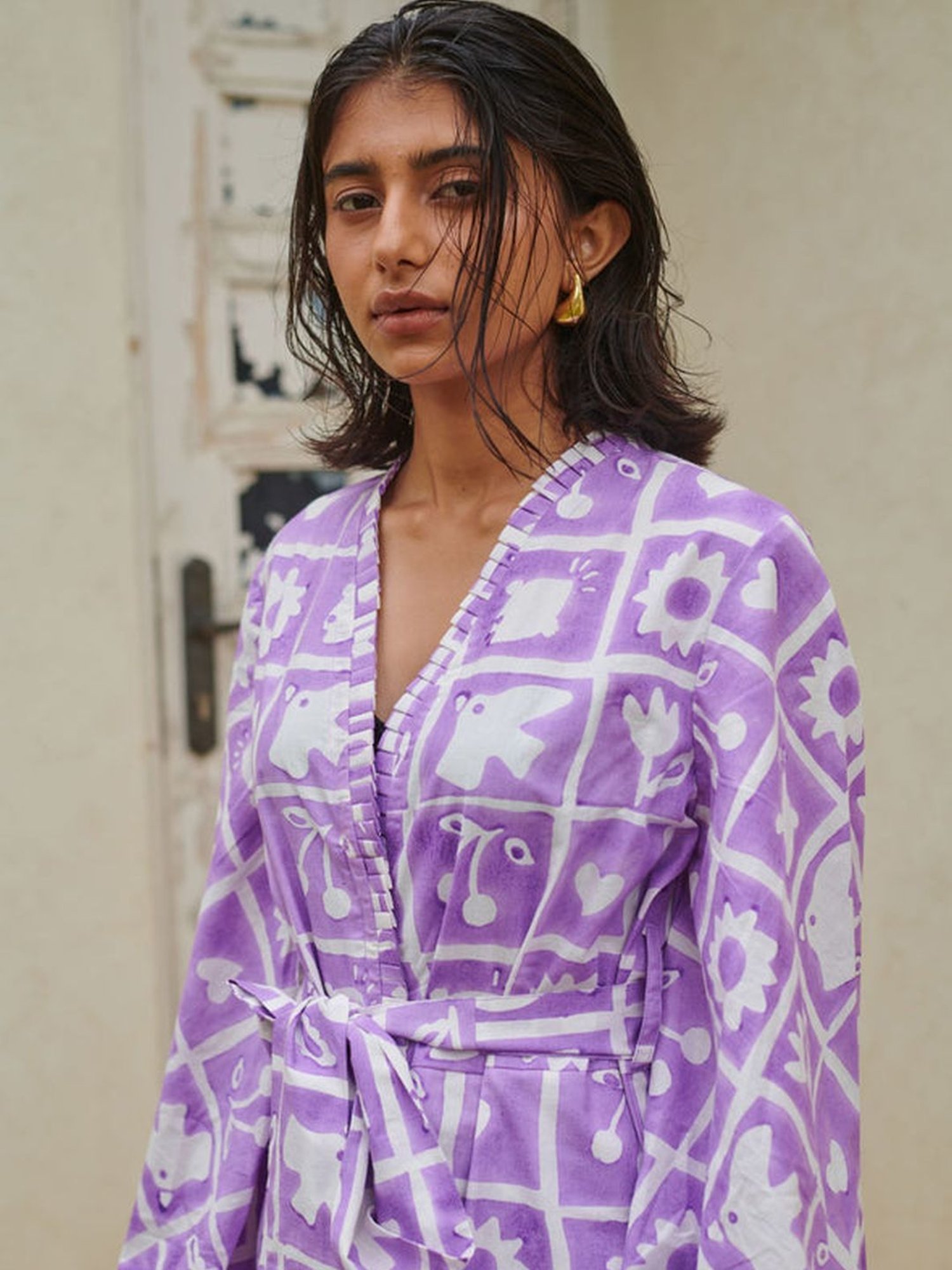 Khajoor Studio Purple & White Sundaze Hakuna Matata Ruffle Short Jumpsuit