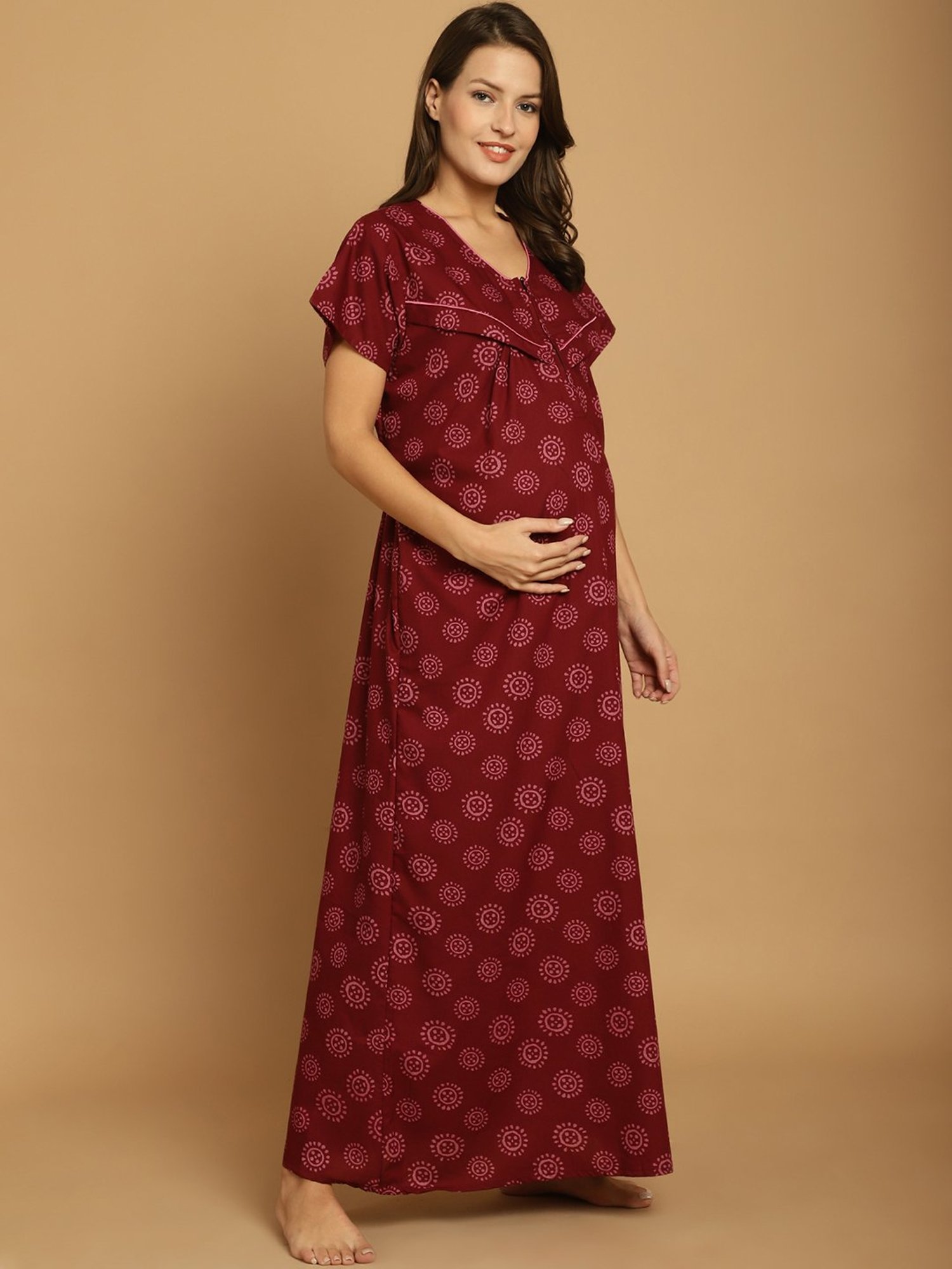 Secret Wish Maroon Printed Maternity Night Dress