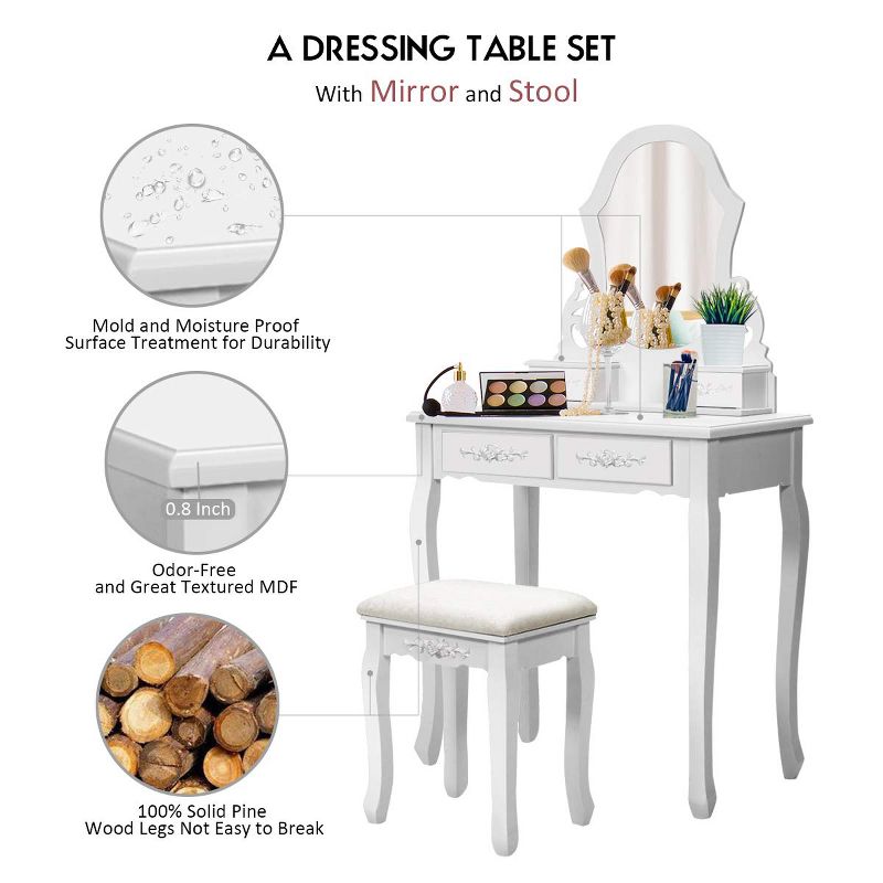 Costway White Vanity Jewelry Wooden Makeup Dressing Table Stool