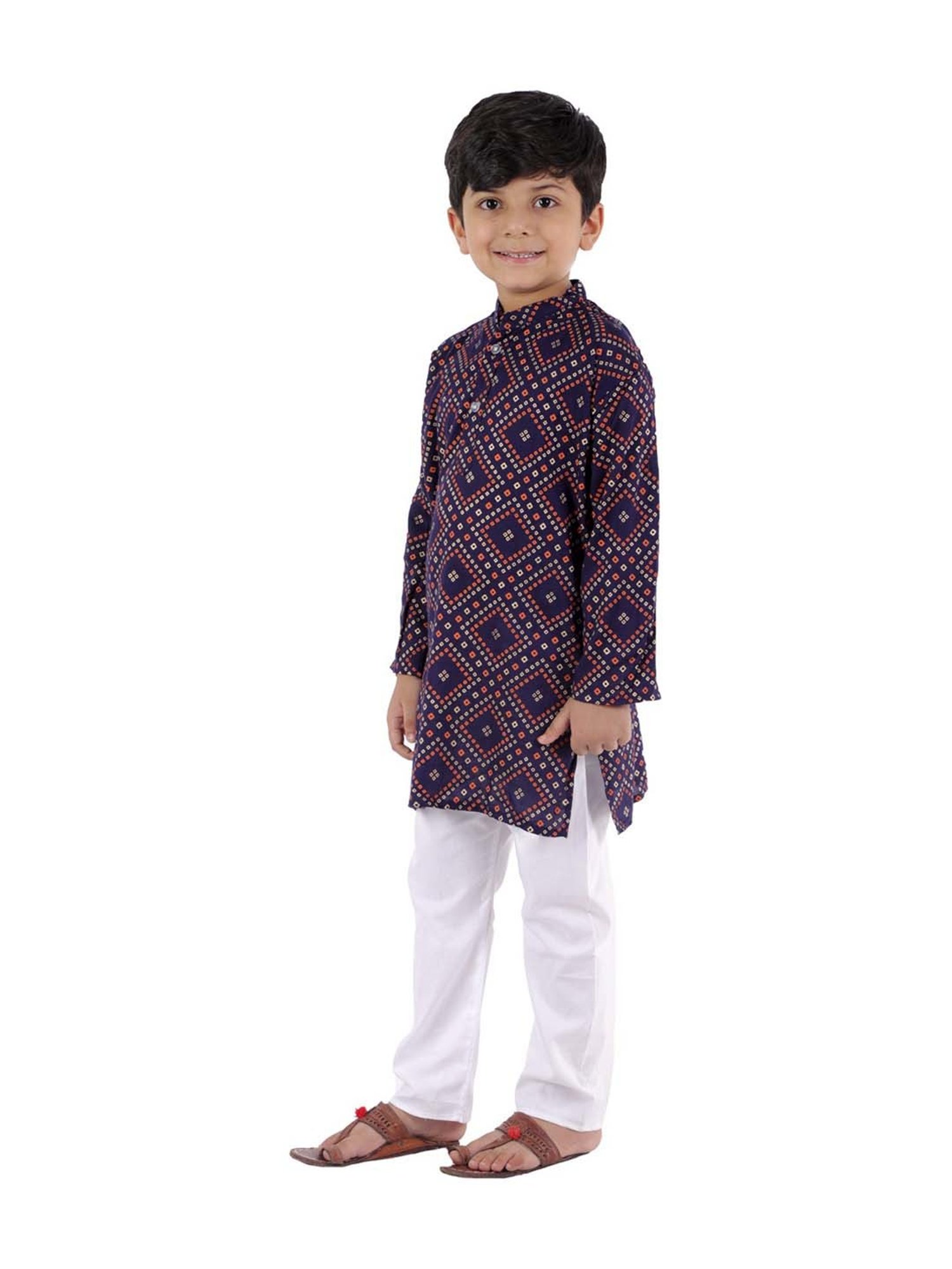 Ahhaaaa Kids Navy & White Cotton Printed Kurta Set