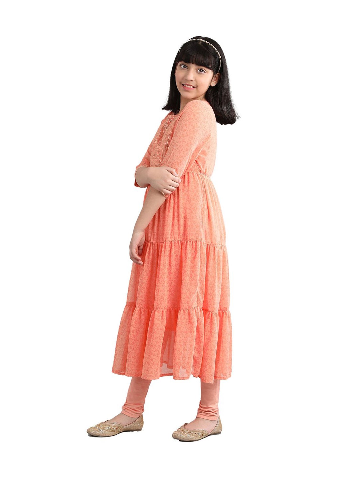 Aurelia Kids Peach Embellished Kurta with Leggings