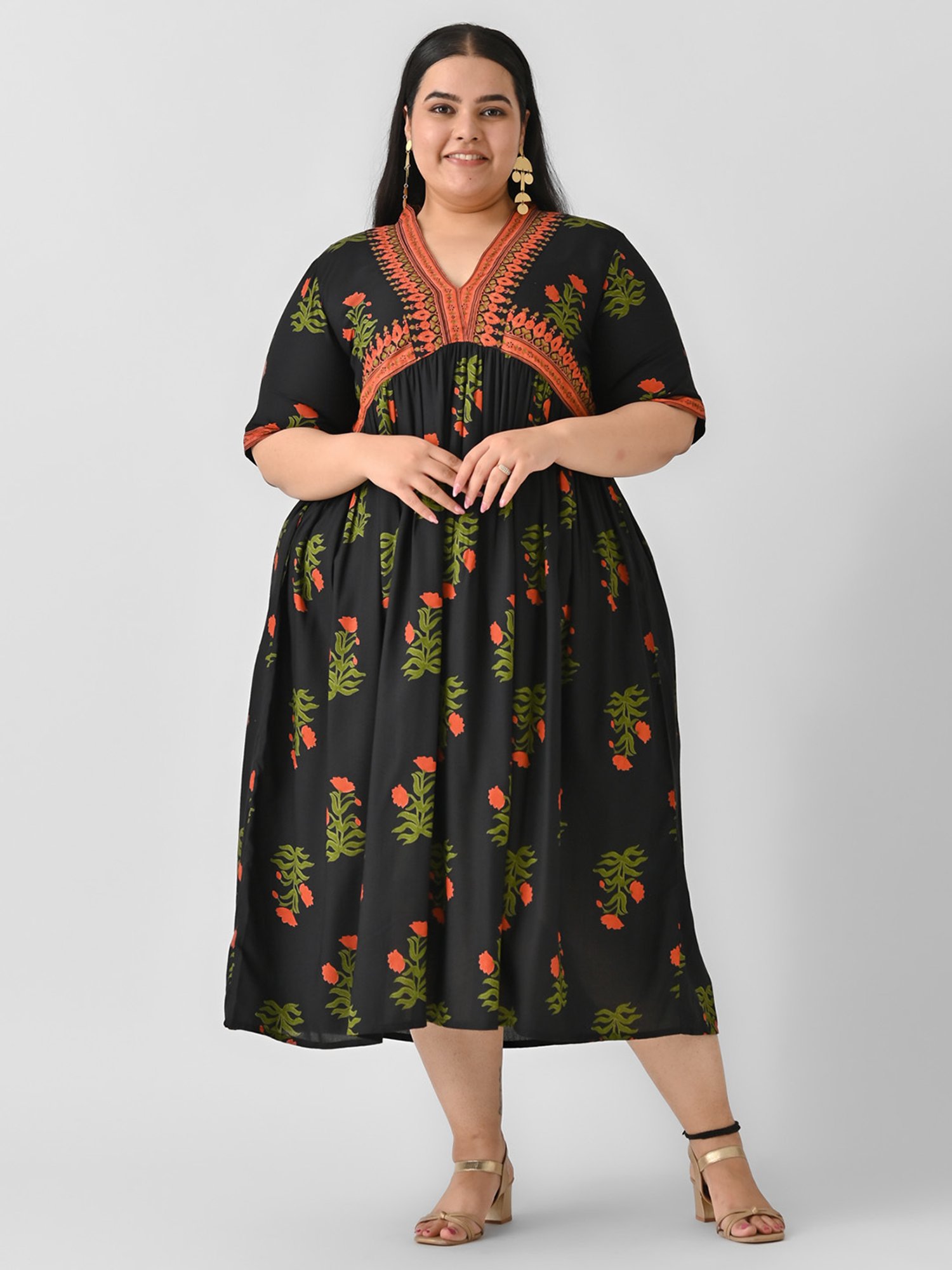 Rustorange Black Printed Ethnic Dress