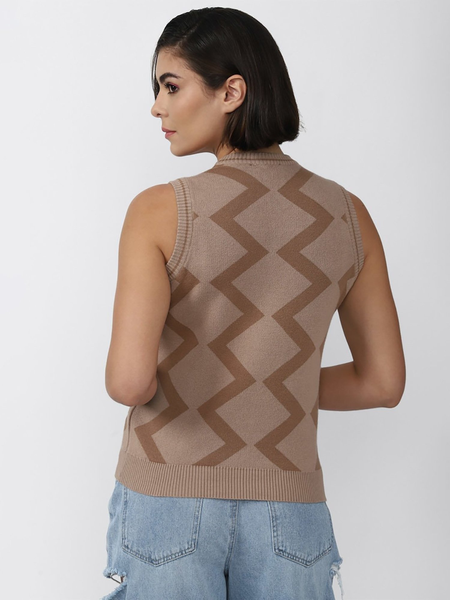 Forever 21 Brown Cotton Geometric Print Sweater Vest