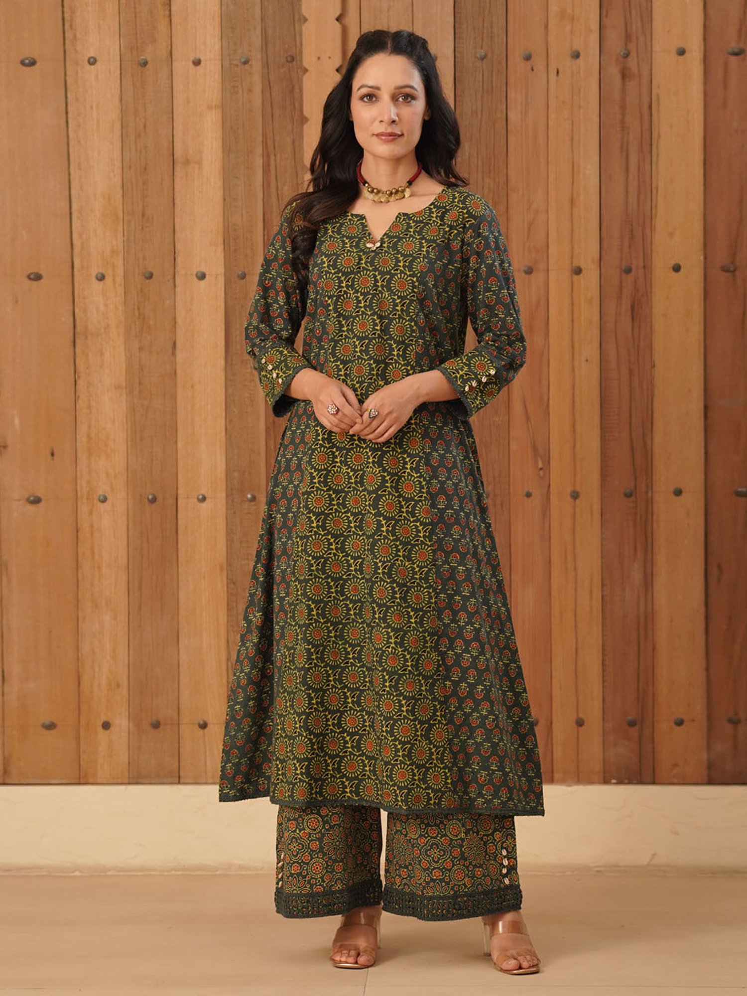 Love Chic Ajrakh A-Line Cotton Long Kurta with cowrie shells