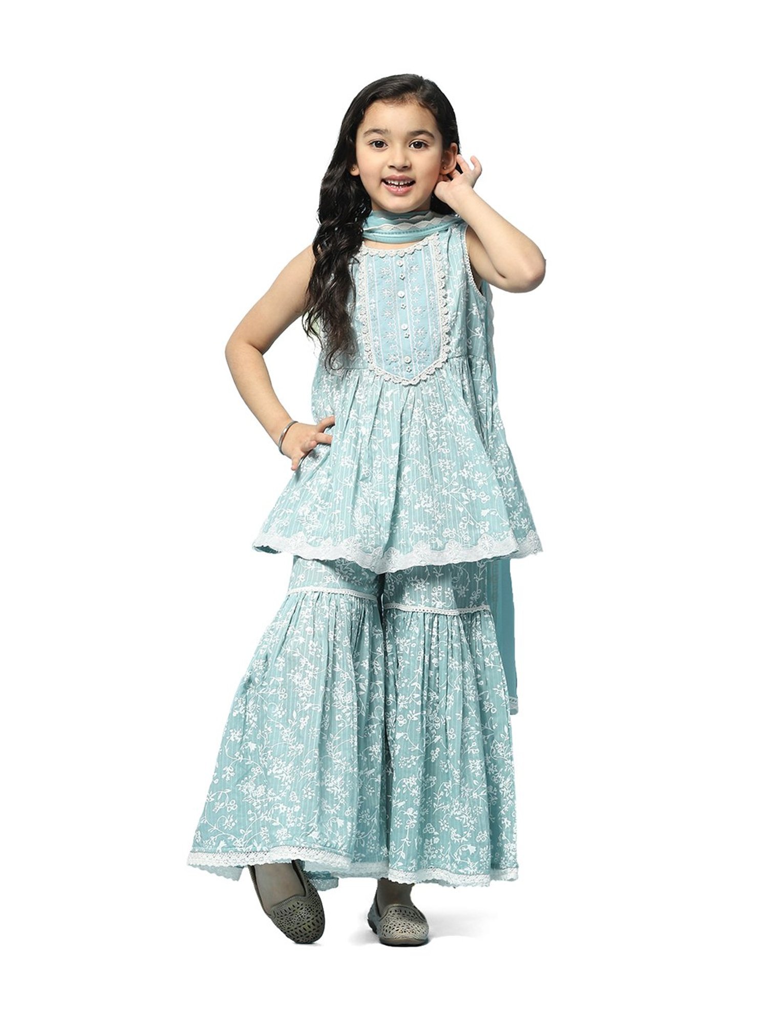 BIBA Girls Kids Powder Blue Cotton Embroidered Kurta Set