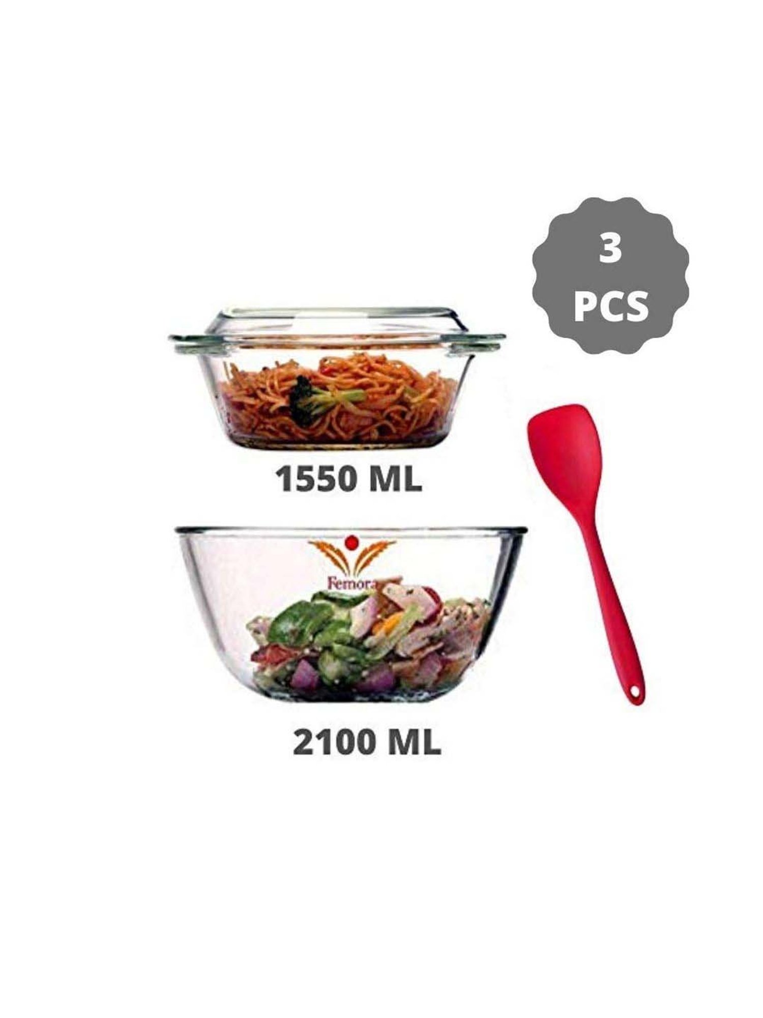 Femora Borosilicate Glass Microwave Safe Serveware Set with Spoon (2.1 L & 1.55 L) - Set of 3
