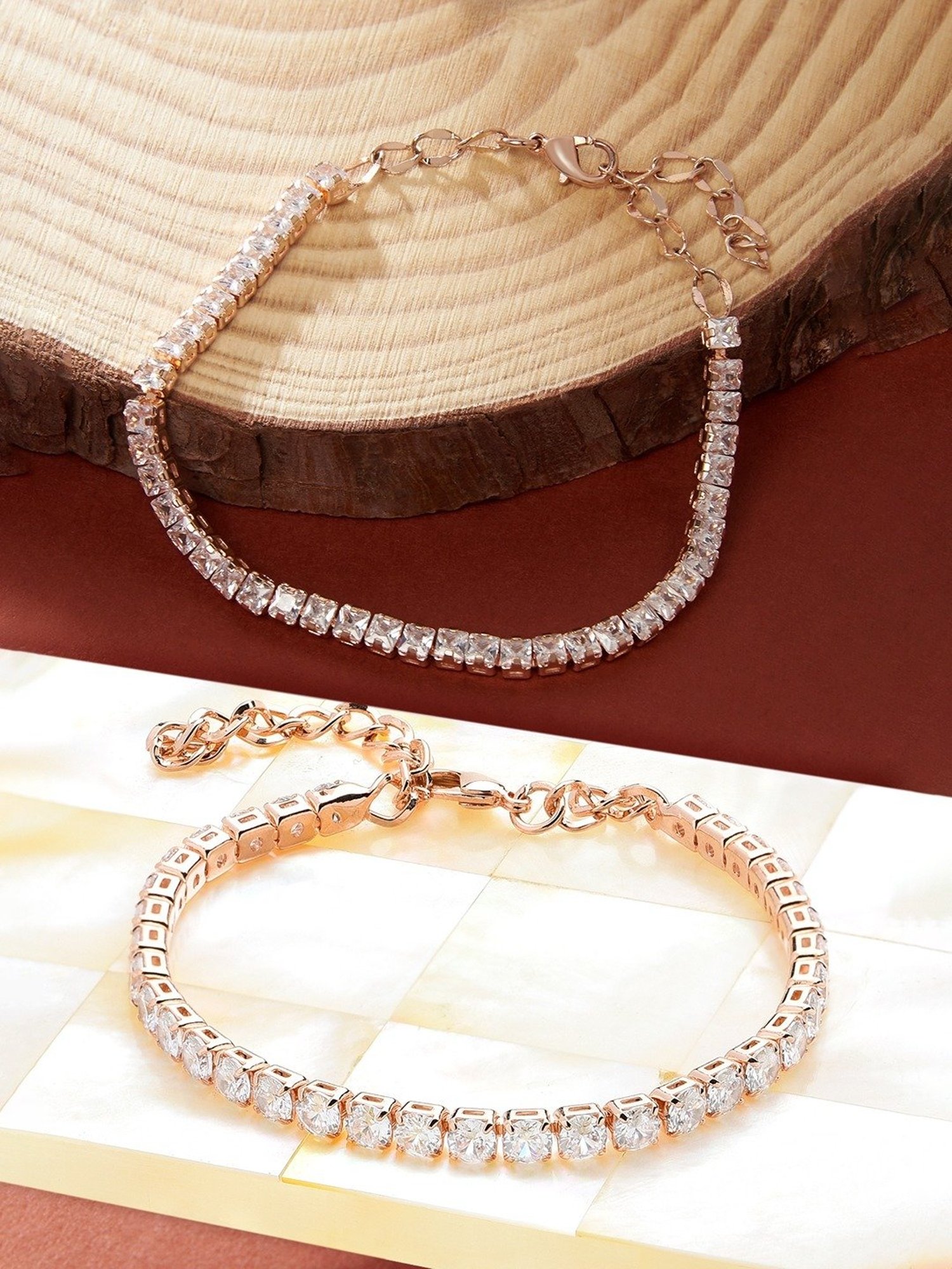Zaveri Pearls Set of 2 Rose Gold Cubic Zirconia Contemporary Tennis Bracelets-ZPFK13430