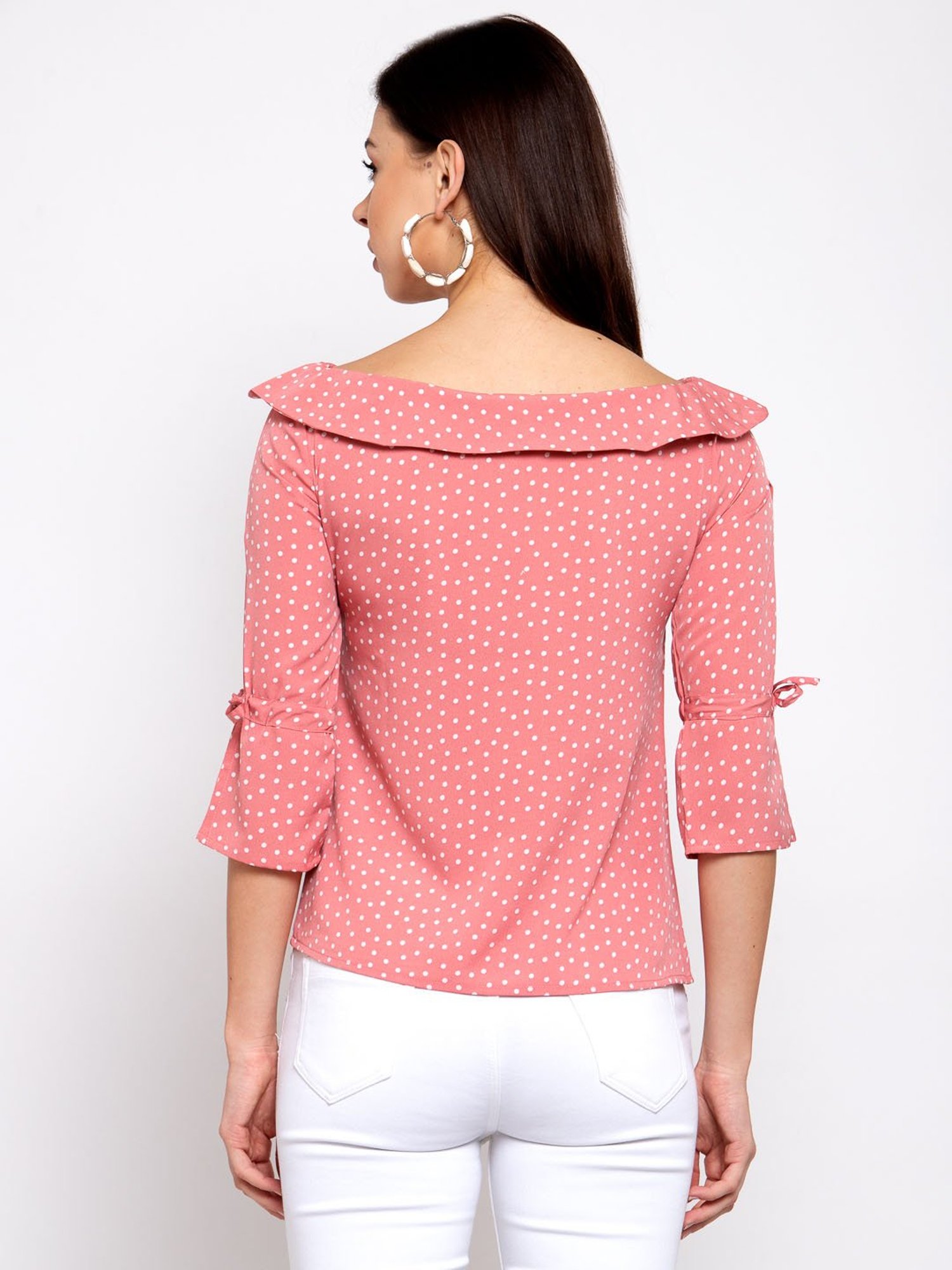 style quotient women Pink and White polka printed polycrepe smart casual top