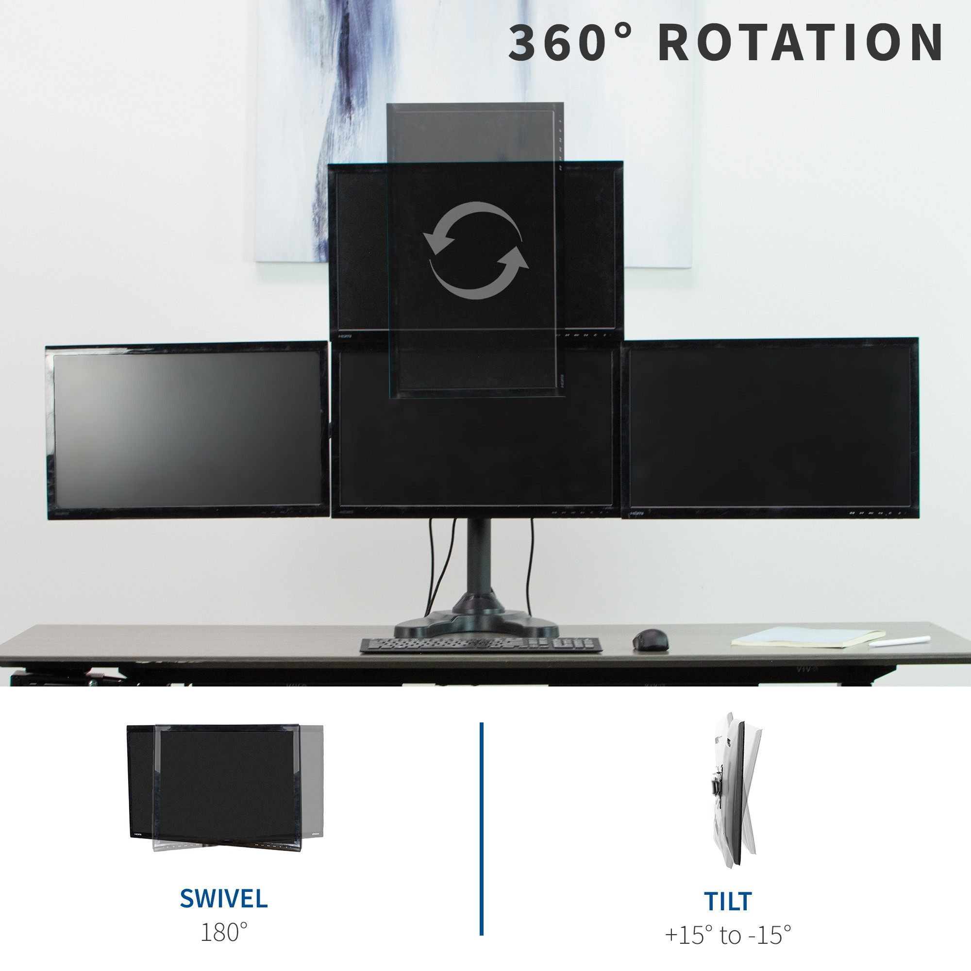VIVO Steel Quad Monitor Mount w/ Heavy Duty Base, 3 + 1 Fully Adjustable Stand | Holds 4 Screens up to 32" (STAND-V104F)