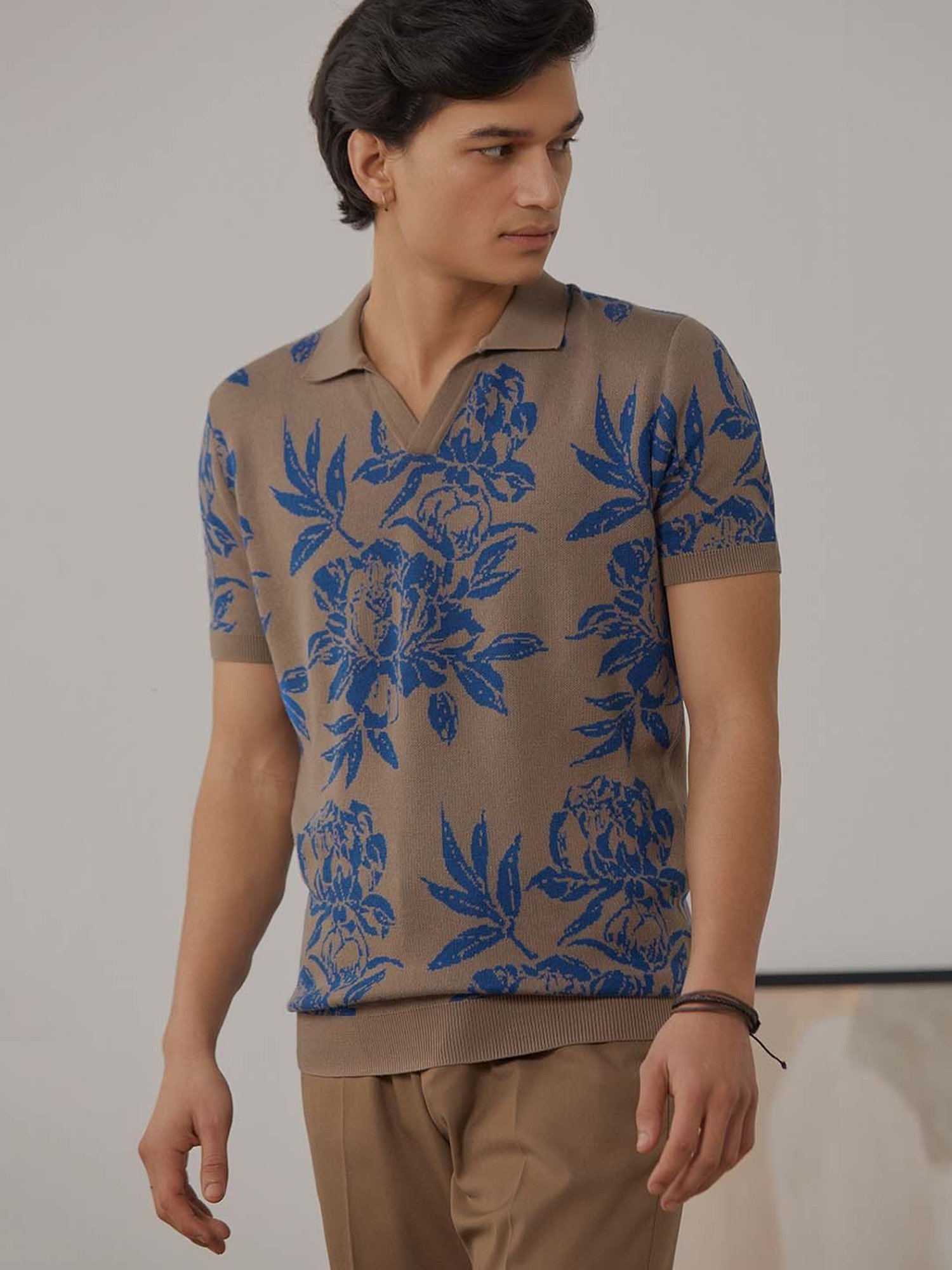 ANDAMEN Brown Regular Fit Printed Cotton Polo T-Shirt