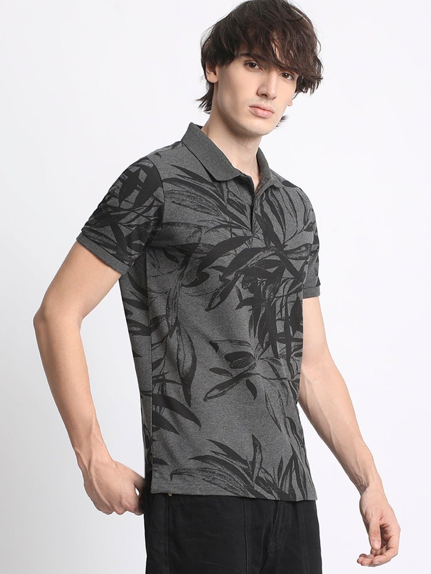 The Bear House Grey Cotton Regular Fit Printed Polo T-Shirt