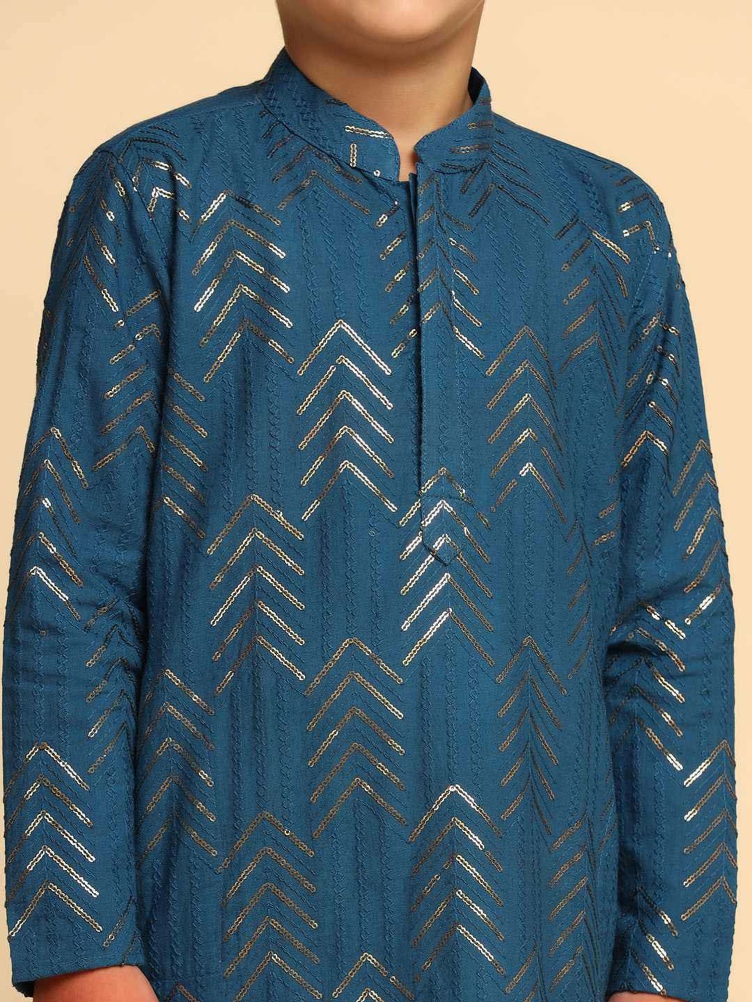 KISAH Kids Blue & White Cotton Embroidered Full Sleeves Kurta Set