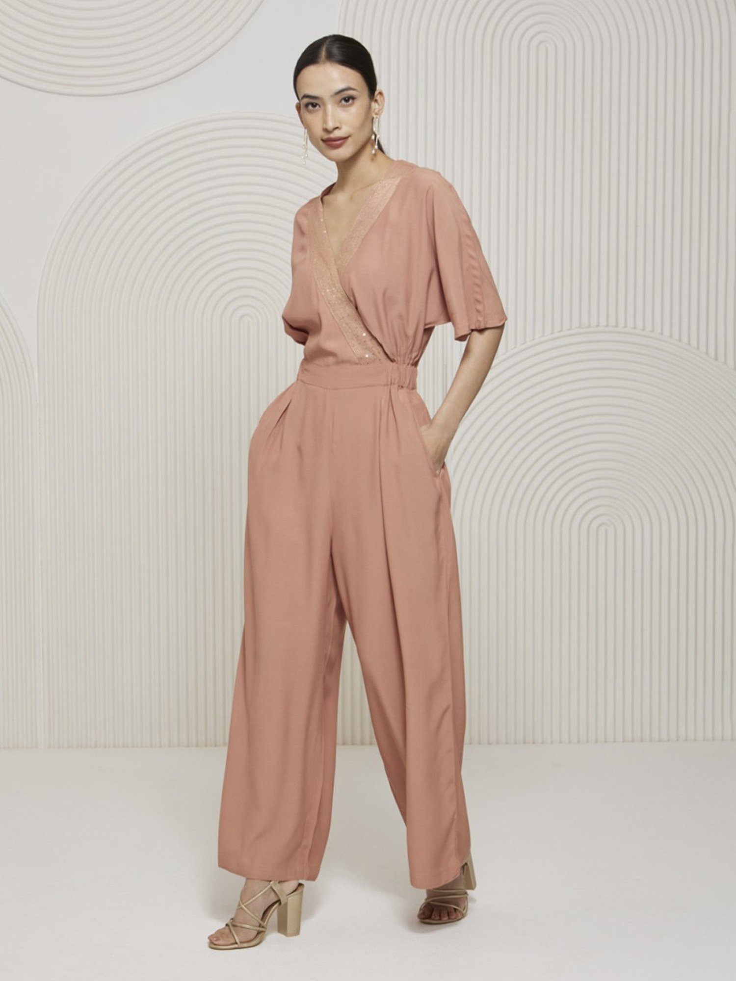 Artagai Salmon Pink Elevated Basics Jumpsuit With Kimono Sleeves