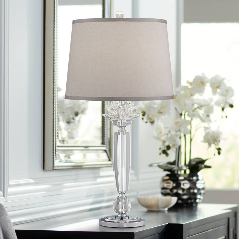 Vienna Full Spectrum Modern Table Lamp Crystal Flower Gray Fabric Drum Shade Living Room Bedroom Bedside Nightstand Office Family