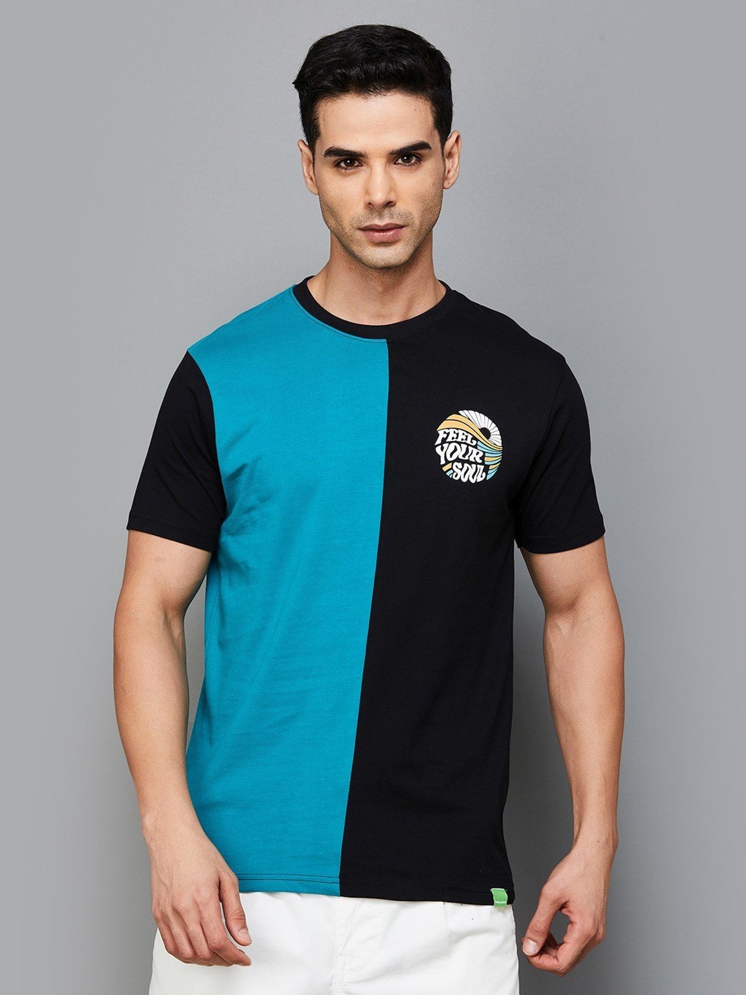 BOSSINI Teal Cotton Regular Fit Colour Block T-Shirt