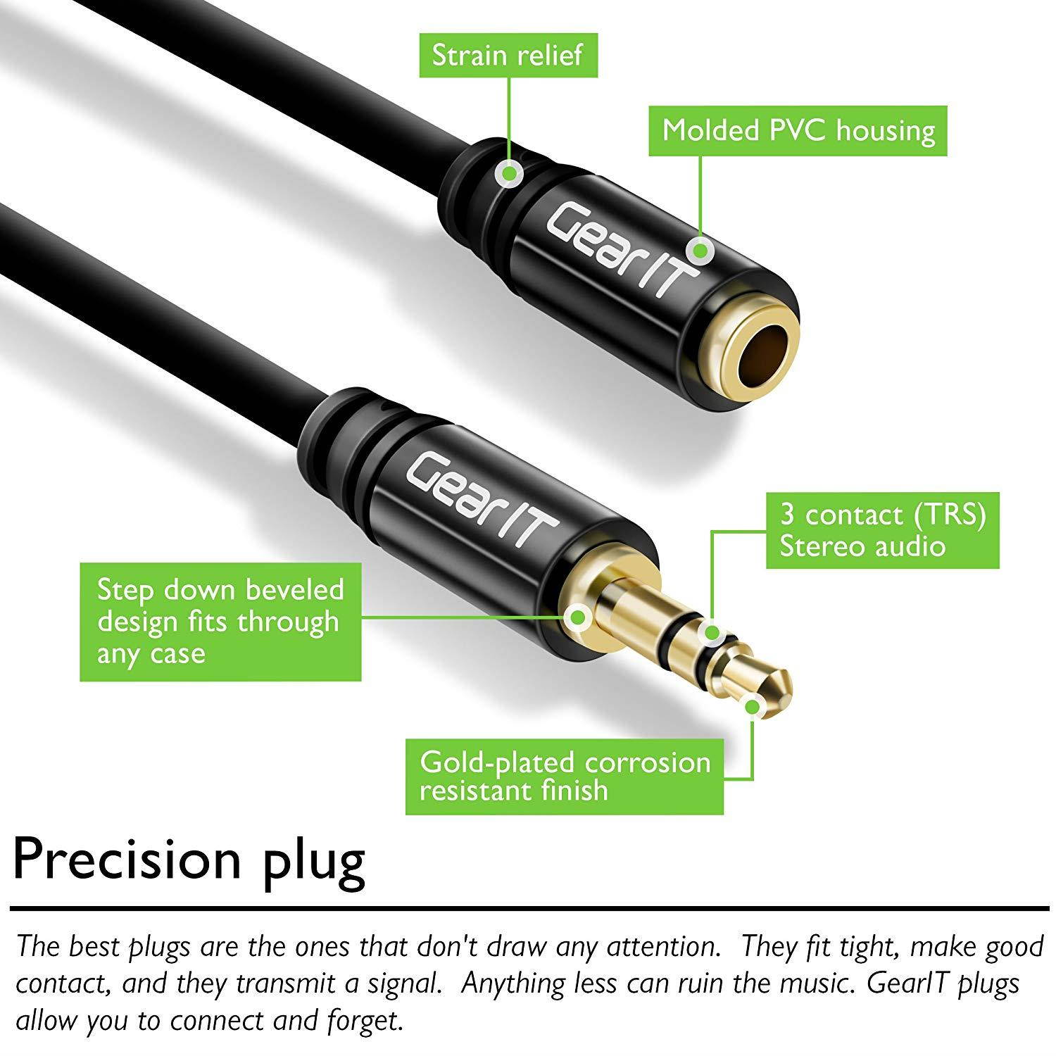 50ft 3.5mm Extension Cable, GearIT Pro Series Preminun Gold Plated 50 Feet 3.5mm Auxiliary Audio Stereo Extension Male to Female Cable, Black