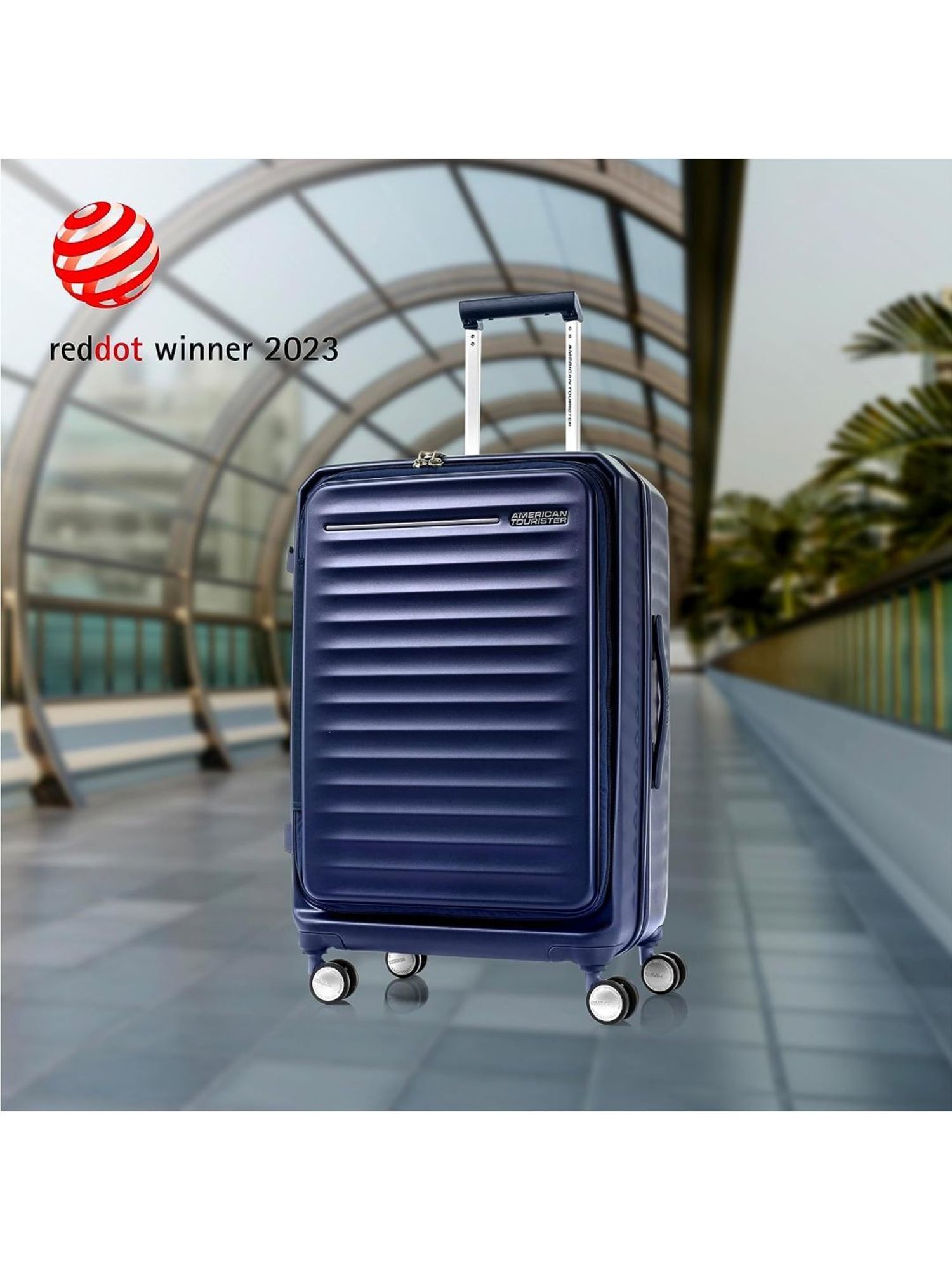 American Tourister Frontec Navy Striped Hard Large Trolley Bag - 79 cm