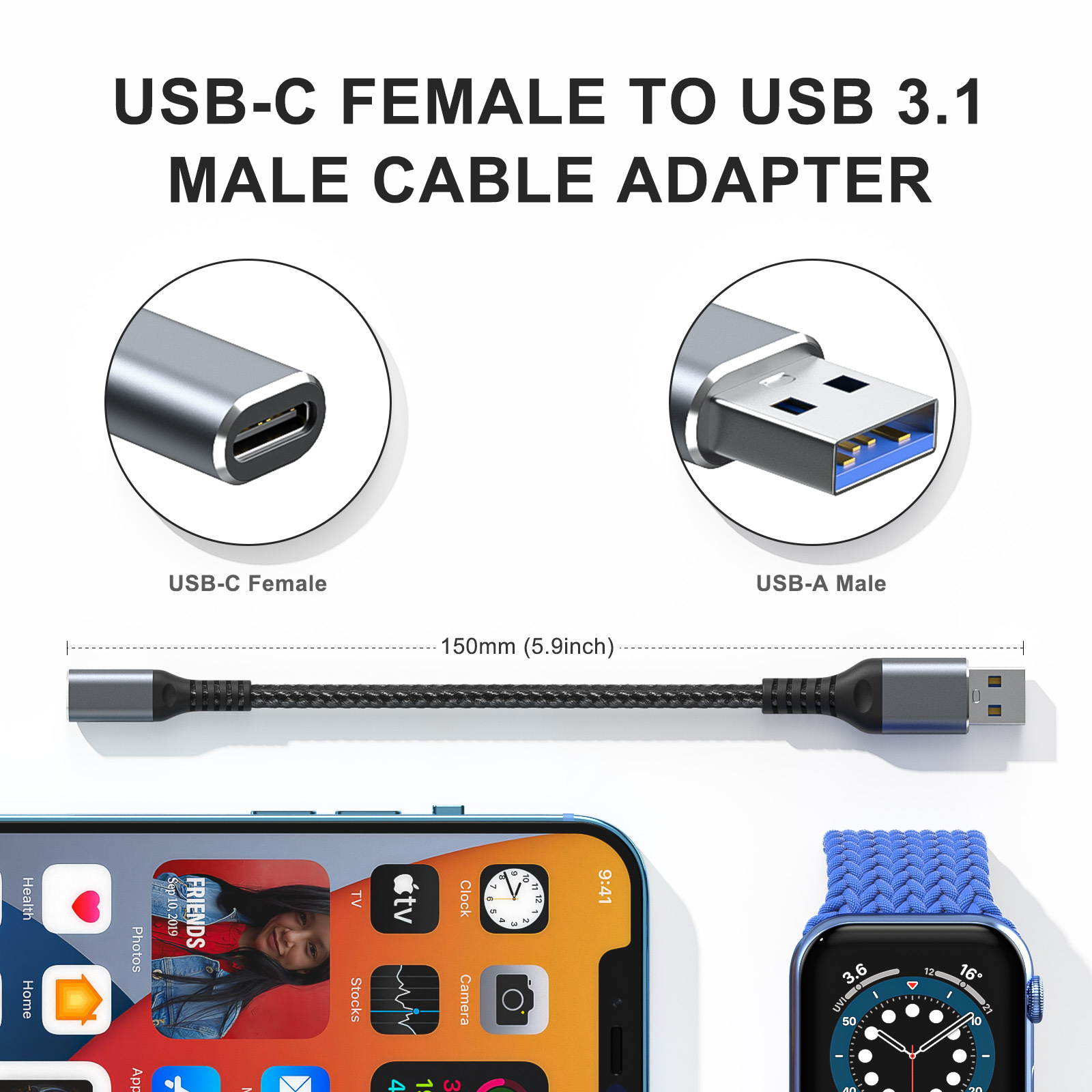 Gigbird USB 3.0 A Male to USB C Female Cable Connector,Aluminum housing with braided wire ( 2 PACK)