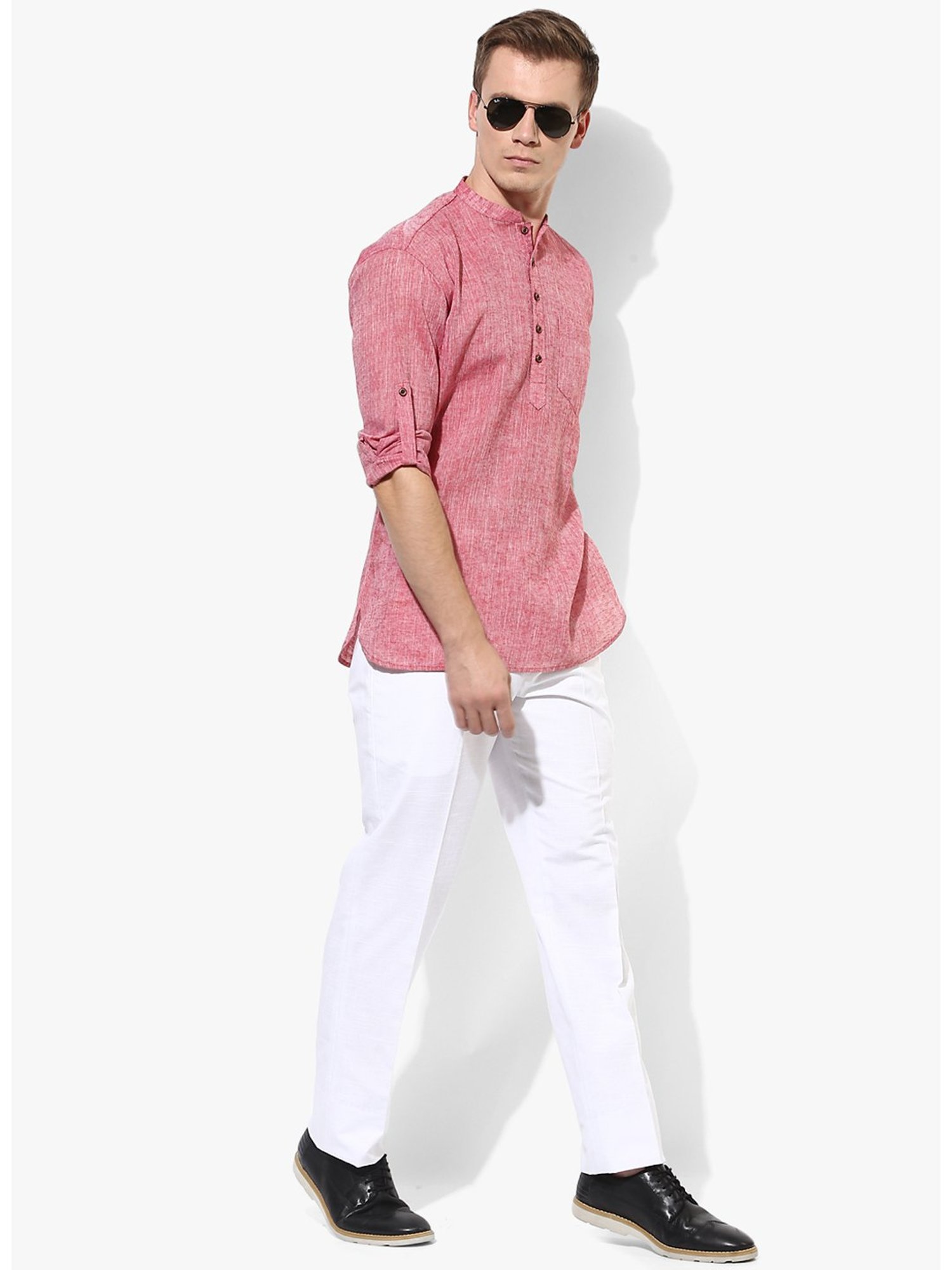 Hangup Plus Red Melange Slim Fit Cotton Linen Short Kurta