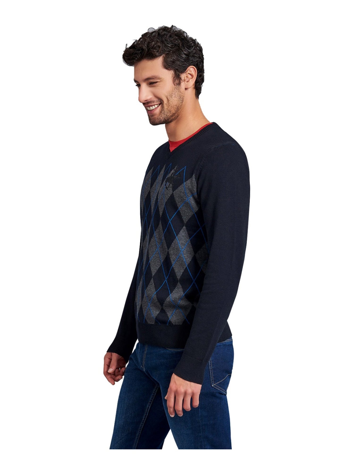 Beverly Hills Polo Club Navy Cotton Regular Fit Argyle Sweater