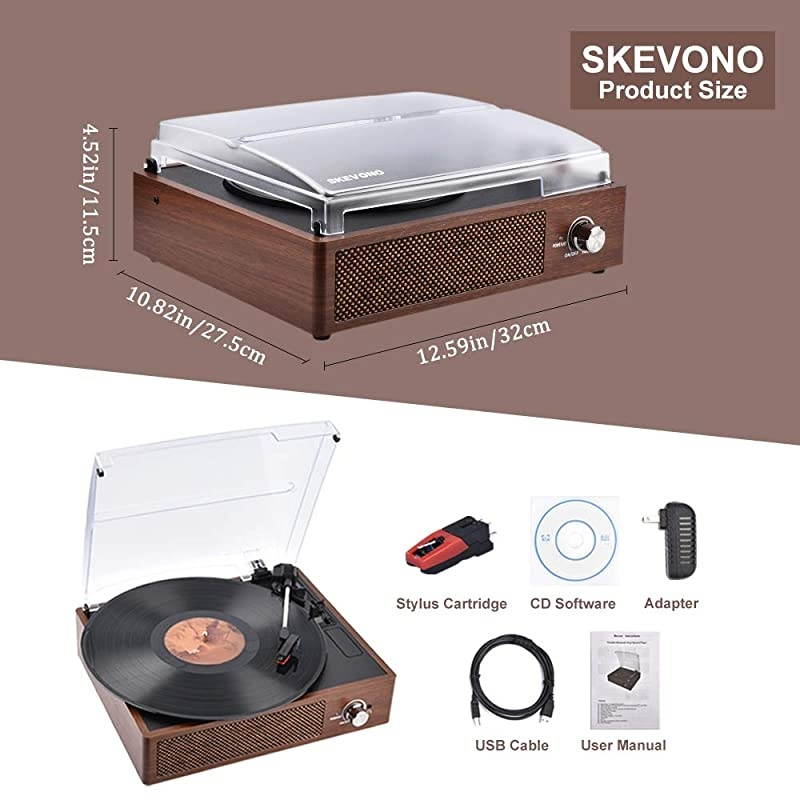 Record Player,  Portable 3 Speed Vinyl Turntable, Bluetooth Vintage Record Player with Built-in Speakers, Supports Headphone Jack/Aux Input/ RCA Line Out (Wooden Classic)