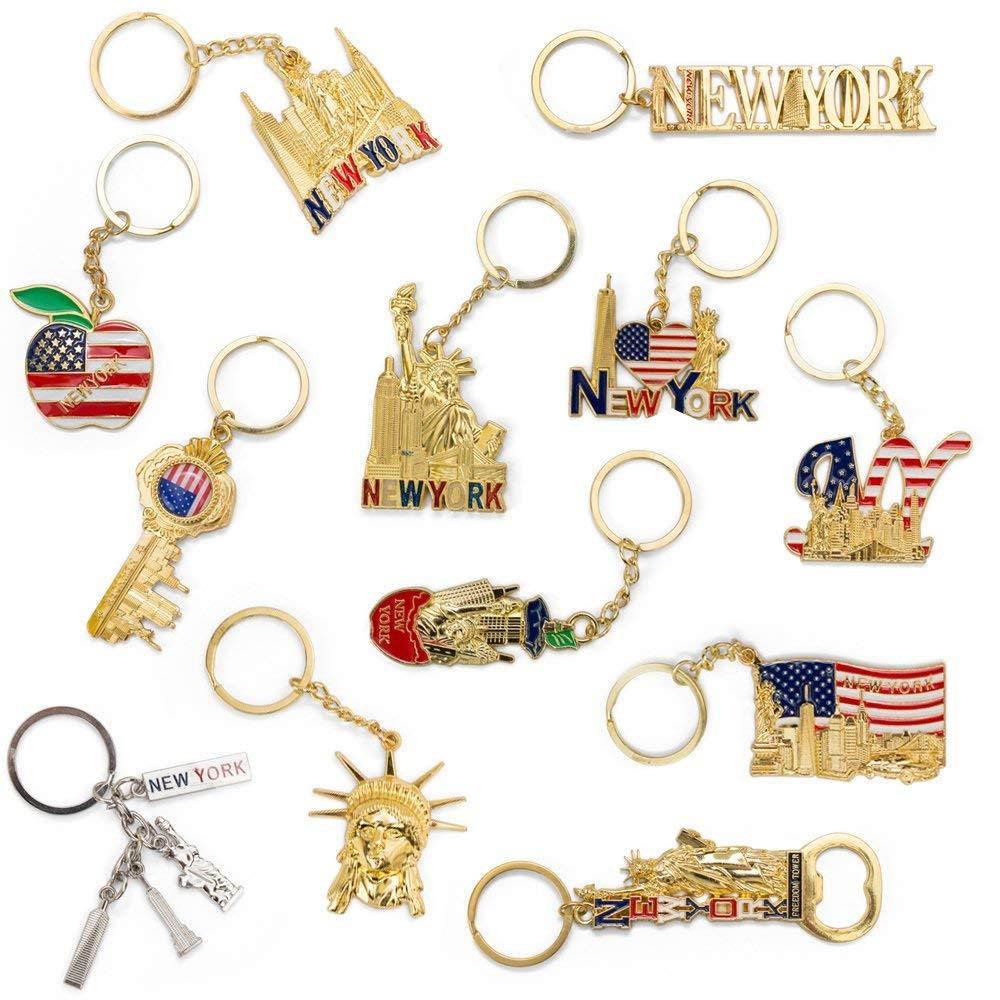 NYC Souvenir Keychain Collection - Set Of 12 Includes Empire State, Freedom Tower, Statue Of Liberty, USA Flag, NY Cab, And More