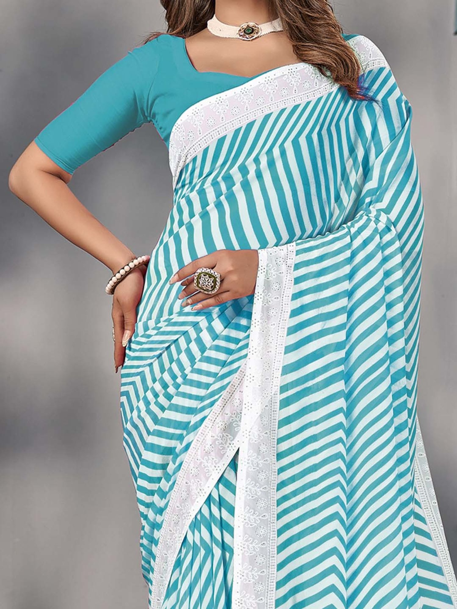 Saree Mall Blue Printed Saree With Unstitched Blouse