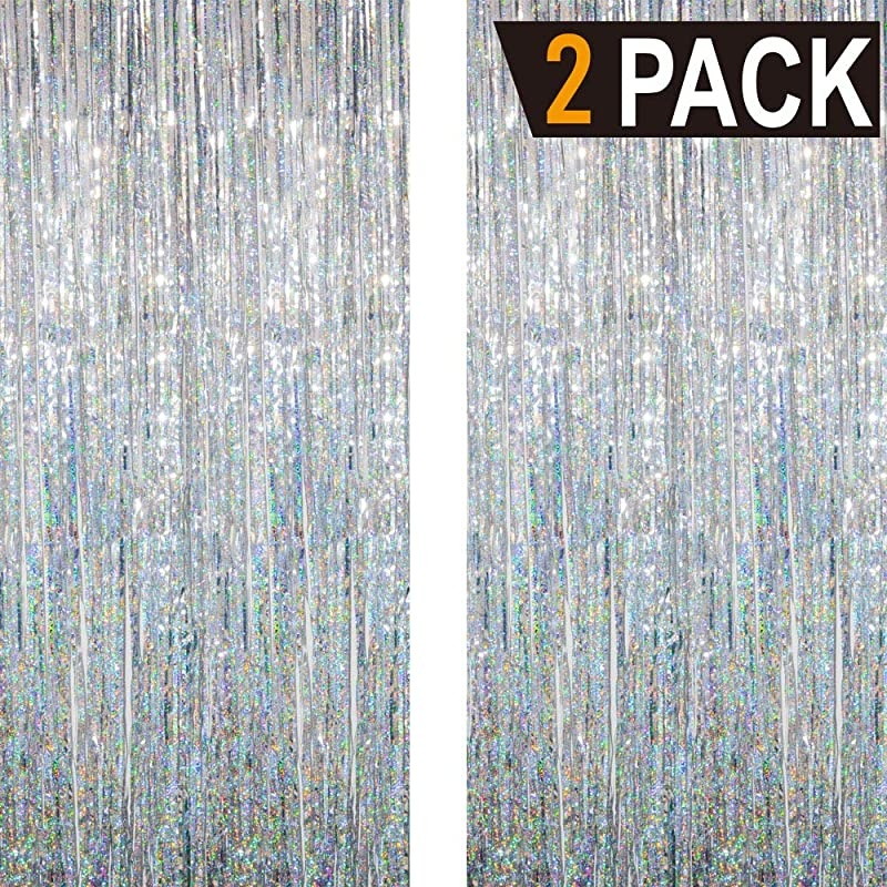 32 ft x 98 ft Metallic Tinsel Foil Fringe Curtains for Party Photo Backdrop Wedding Decor 2 Pcs Shiny Silver