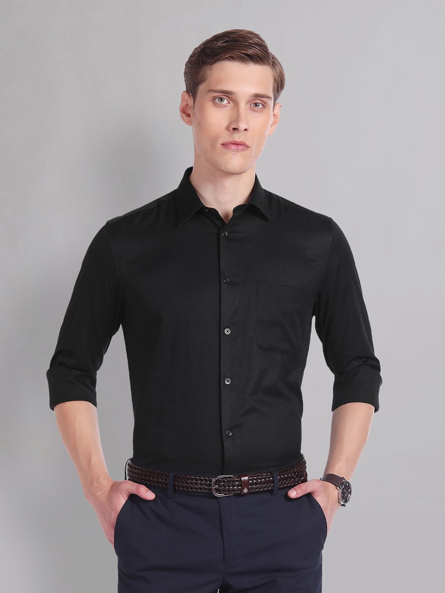 AD by Arvind Black Regular Fit Textured Shirt
