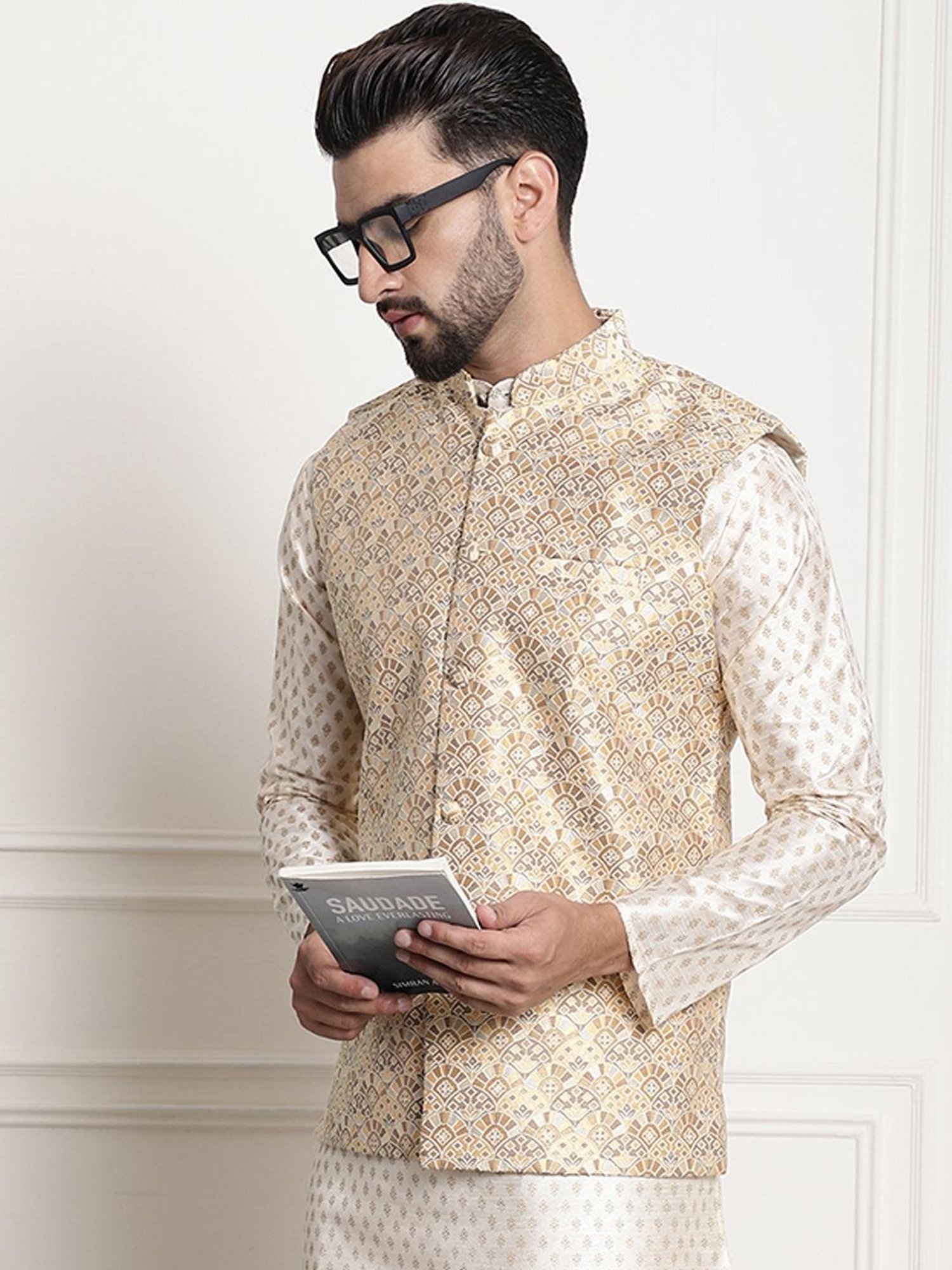 Sojanya Gold Regular Fit Self Pattern Nehru Jacket