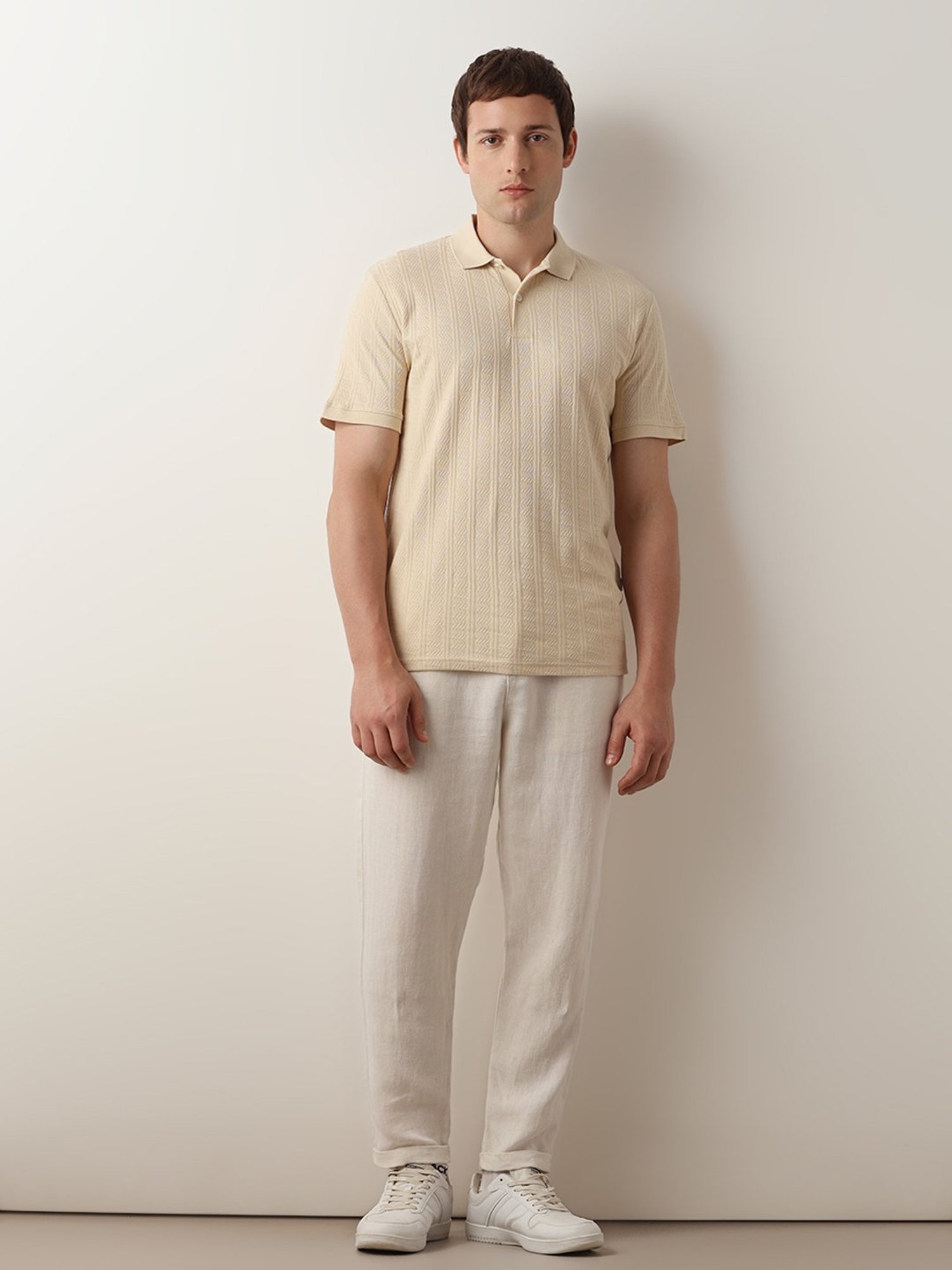 SELECTED HOMME Beige Slim Fit Self Design Cotton Polo T-Shirt