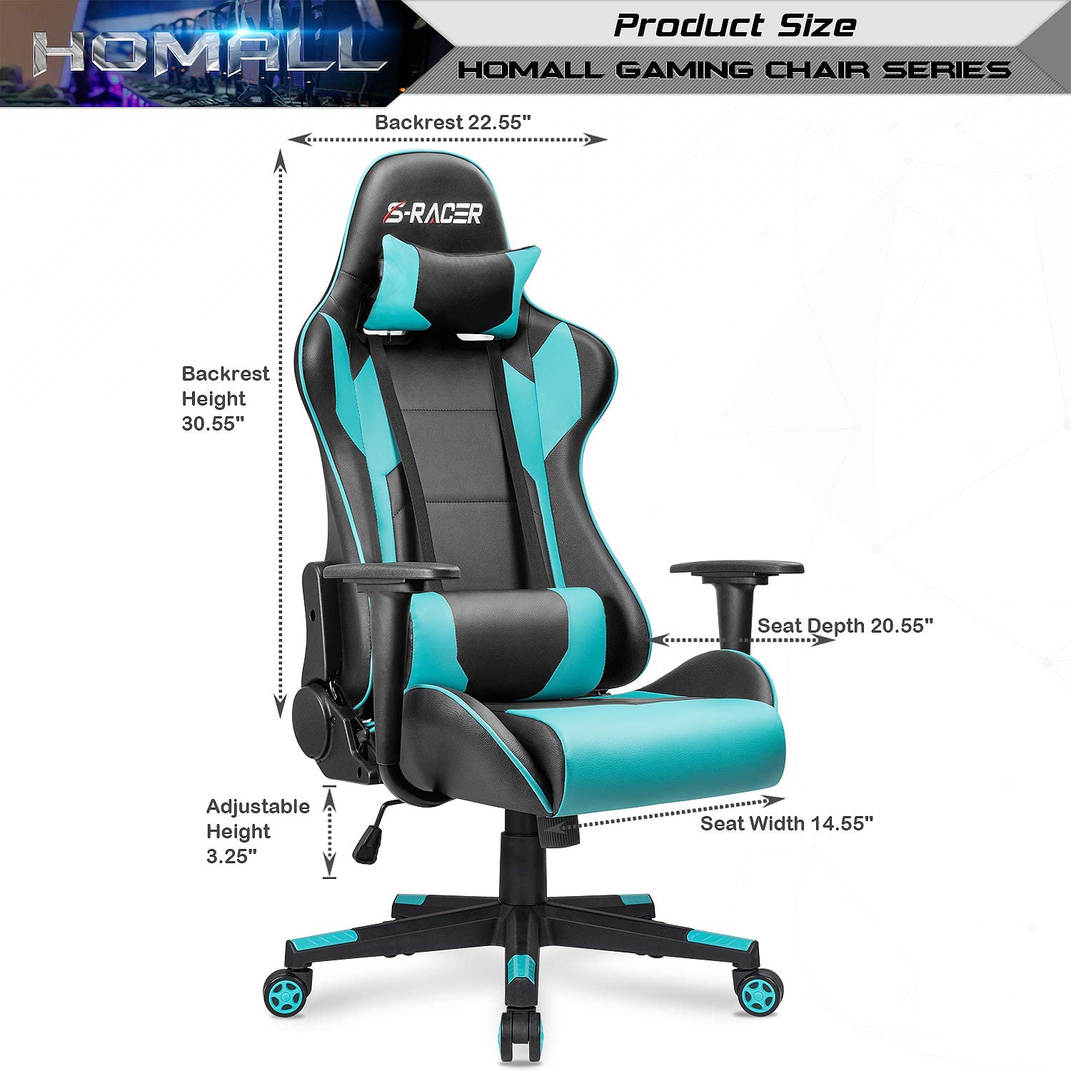 Homall Gaming Chair Office Chair High Back Computer Chair PU Leather Desk Chair Racing Executive Ergonomic Swivel Task Chair, Seat Height Adjustable, with Headrest and Lumbar Support (Blue)