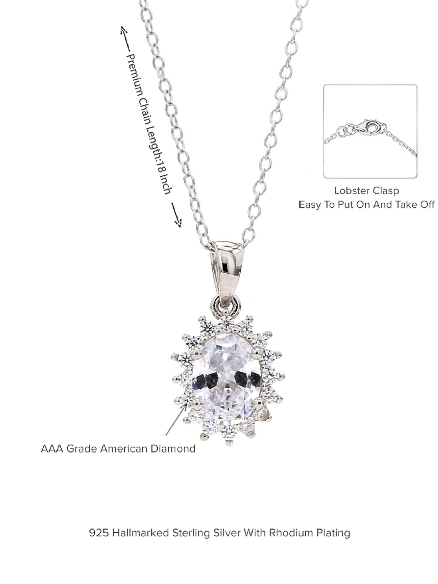 Ornate Jewels 925 Silver Oval American Diamond Halo Pendant with 18-inch Chain