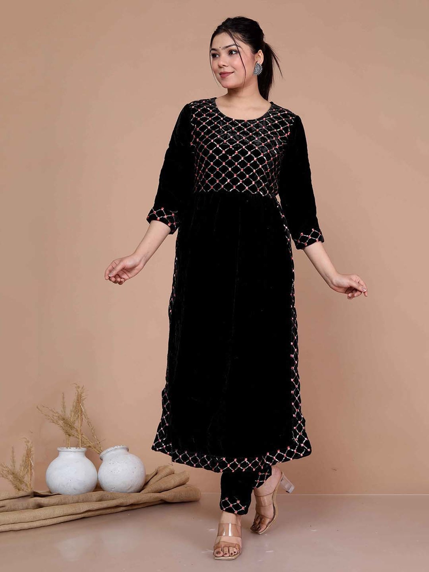 Miravan Black Embroidered Kurta & Palazzo Set
