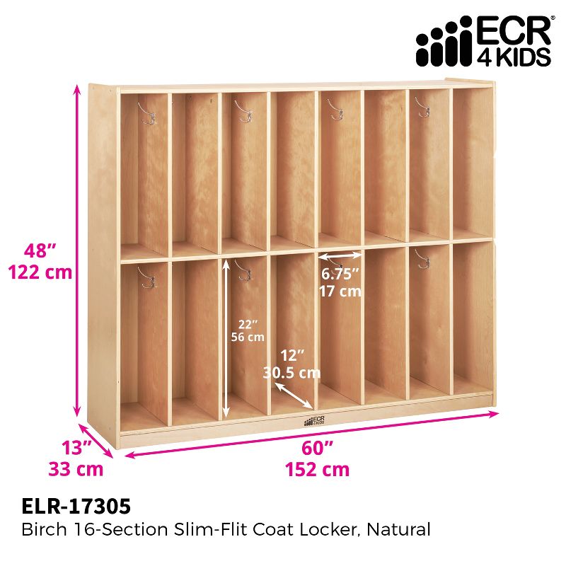 ECR4Kids Birch 16-Section Slim-Fit School Storage Coat Locker with Hooks for Toddlers and Kids
