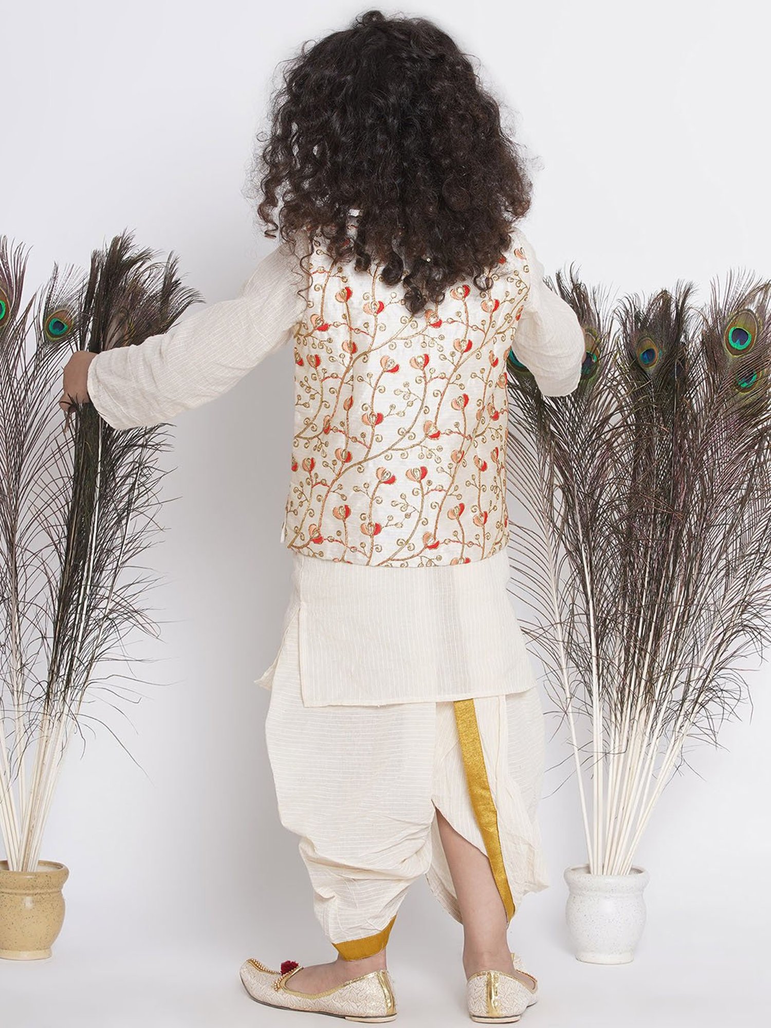 Little Bansi Kids Cream Embroidered Full Sleeves Kurta , Jacket with Dhoti