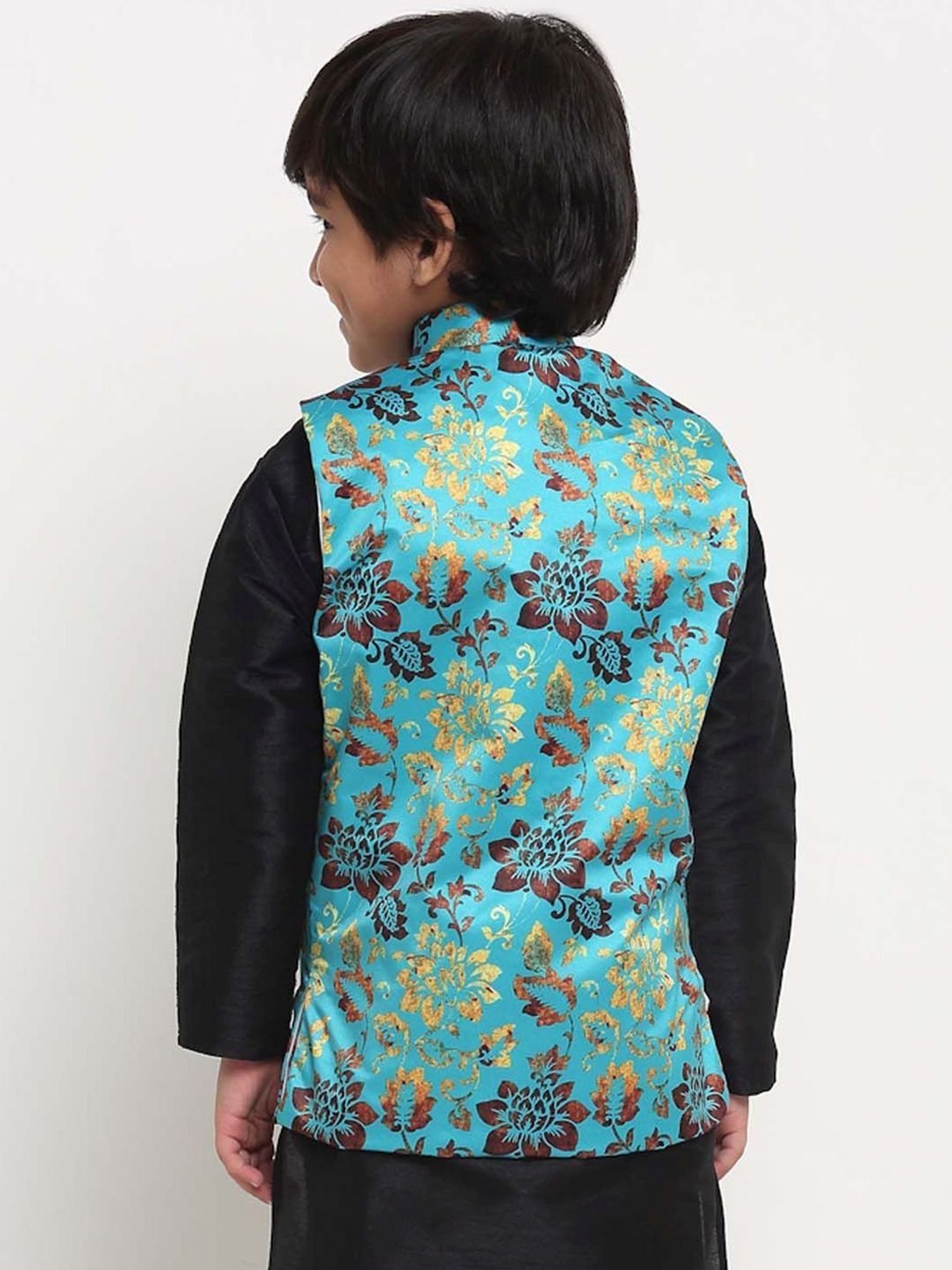 Benstoke Kids Green & Gold Floral Print Nehru Jacket